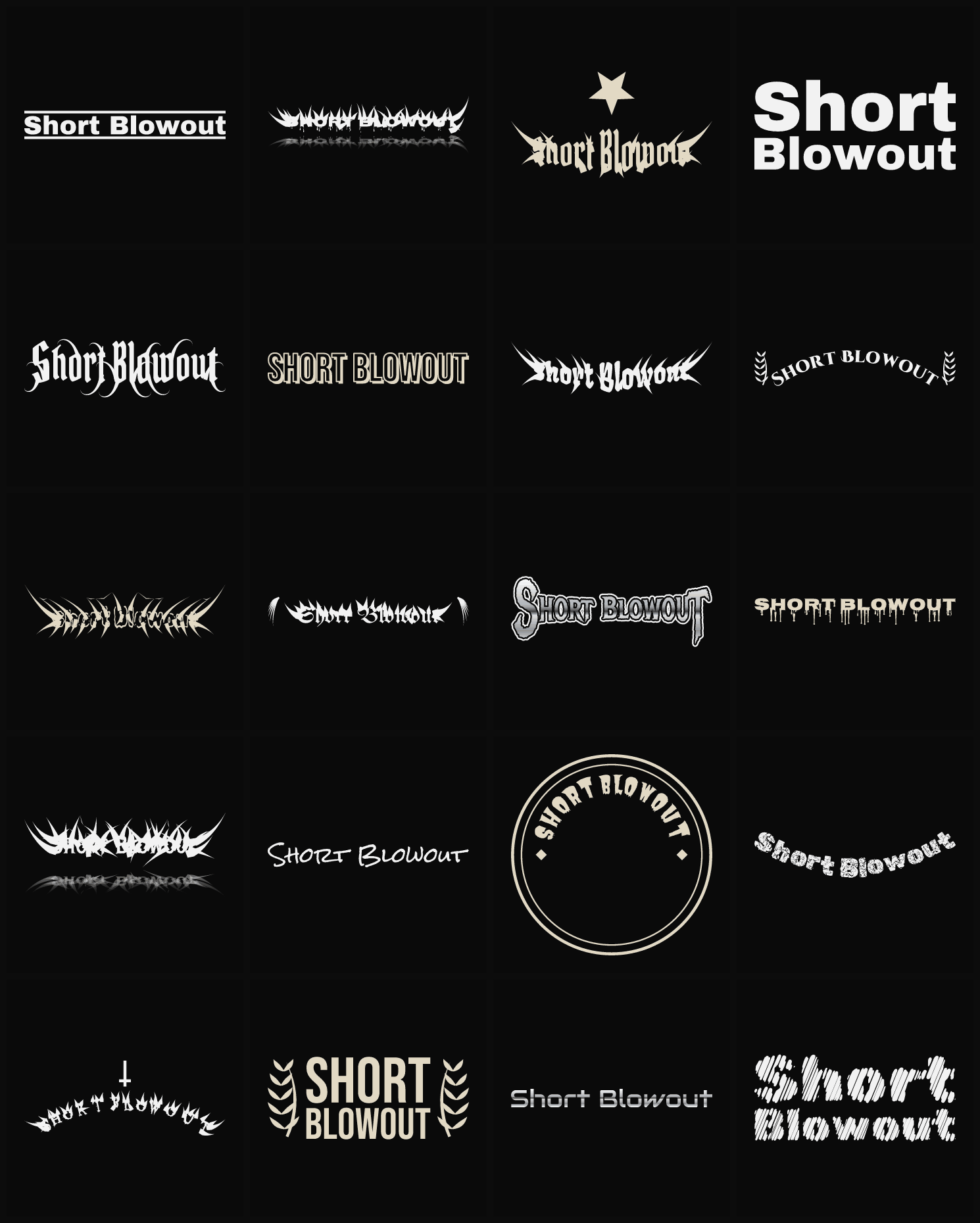 Twenty Short Blowout band logo ideas — different faces, treatments and spike settings