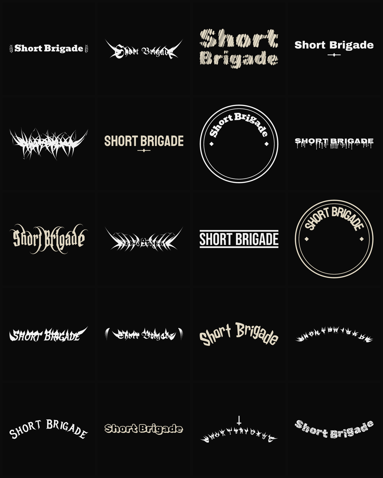 Twenty Short Brigade band logo ideas — different faces, treatments and spike settings