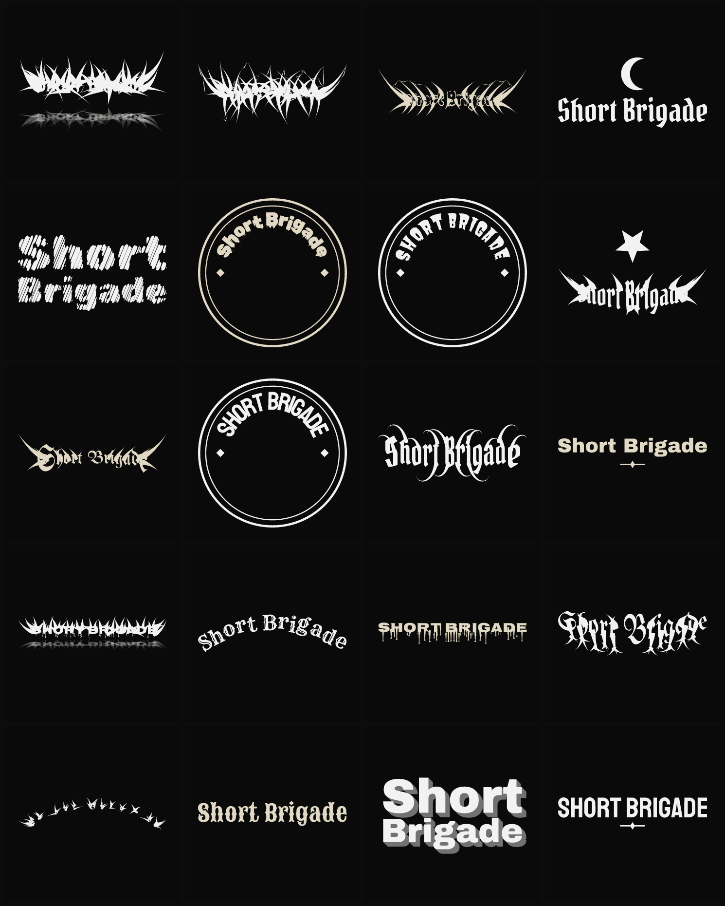 Twenty Short Brigade band logo ideas — different faces, treatments and spike settings