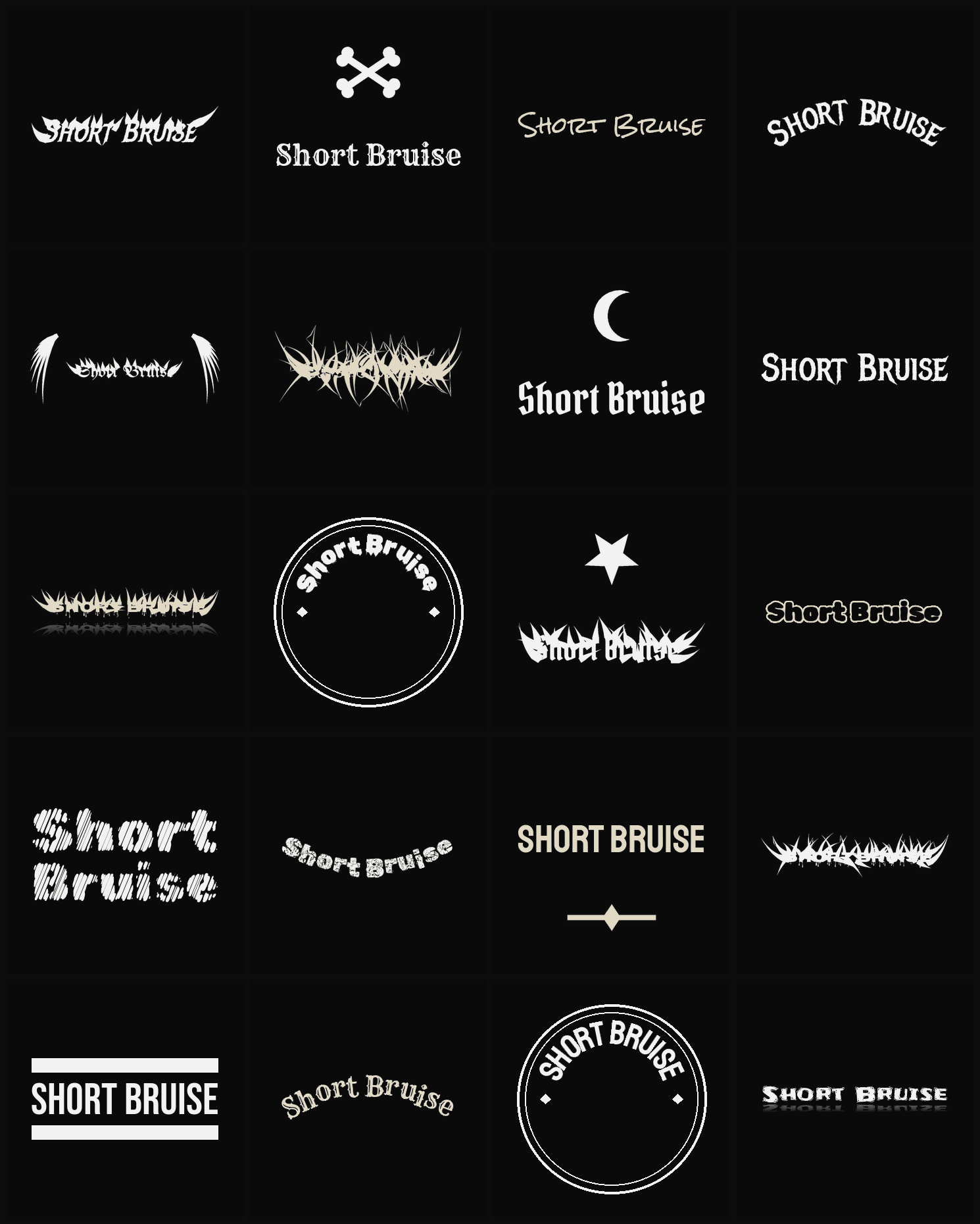 Twenty Short Bruise band logo ideas — different faces, treatments and spike settings