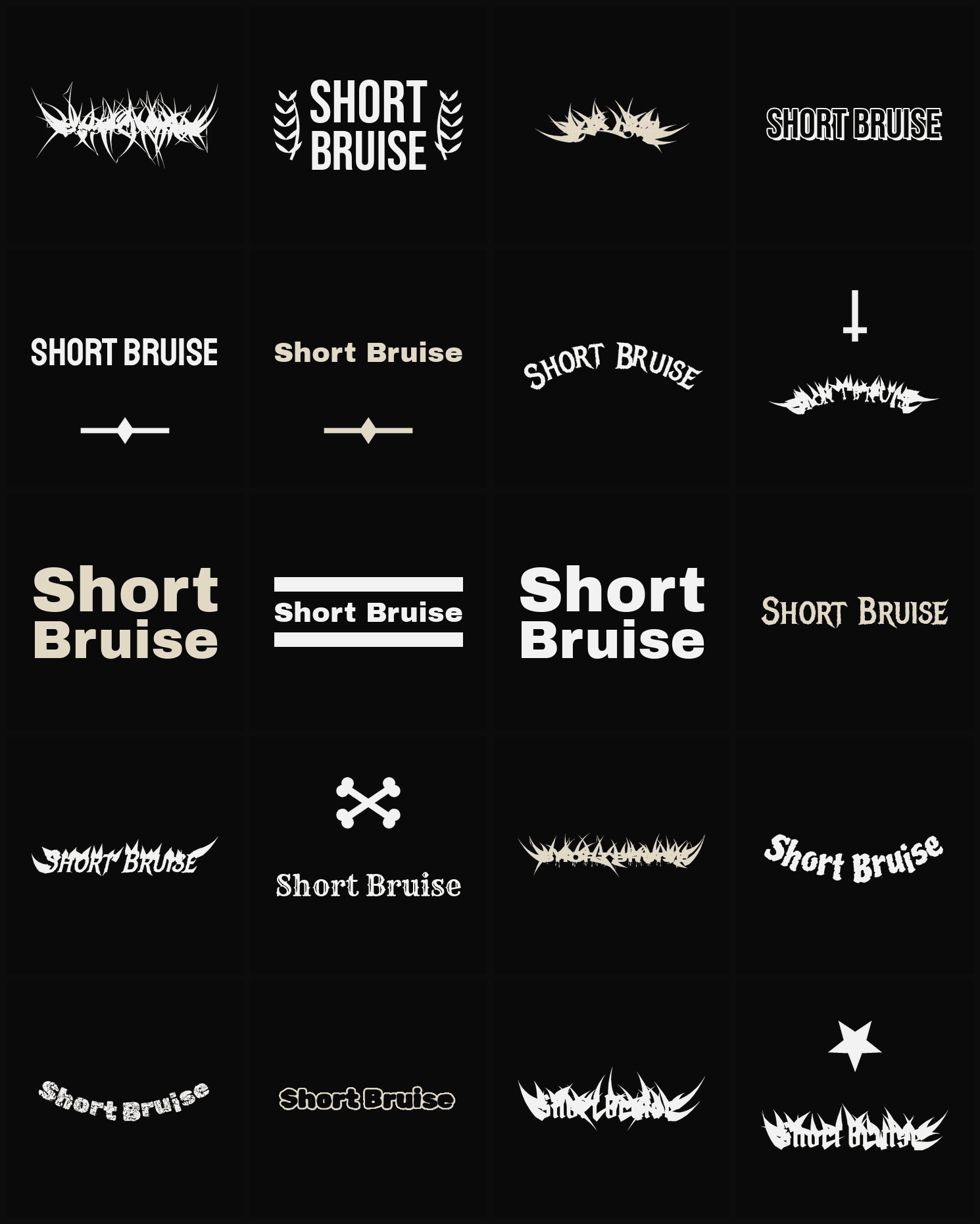Twenty Short Bruise band logo ideas — different faces, treatments and spike settings