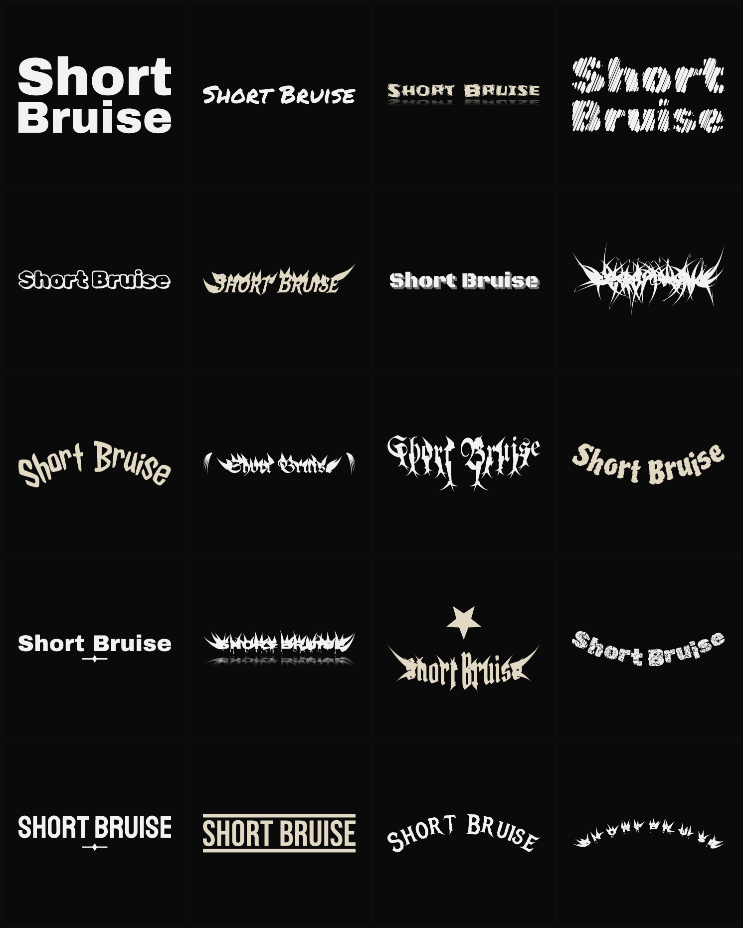 Twenty Short Bruise band logo ideas — different faces, treatments and spike settings