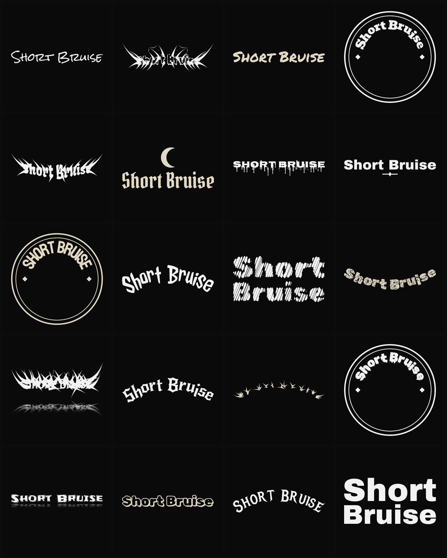 Twenty Short Bruise band logo ideas — different faces, treatments and spike settings