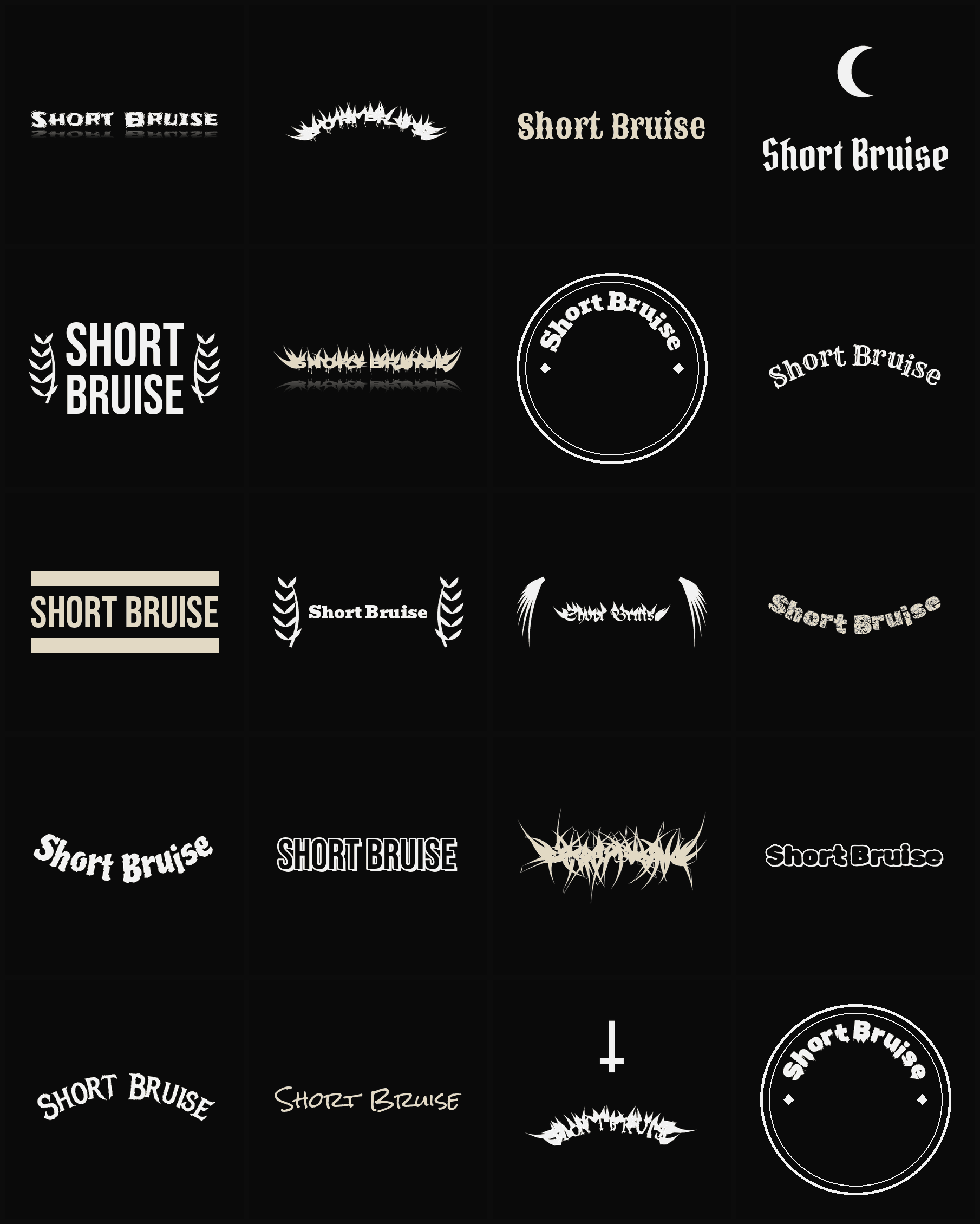 Twenty Short Bruise band logo ideas — different faces, treatments and spike settings