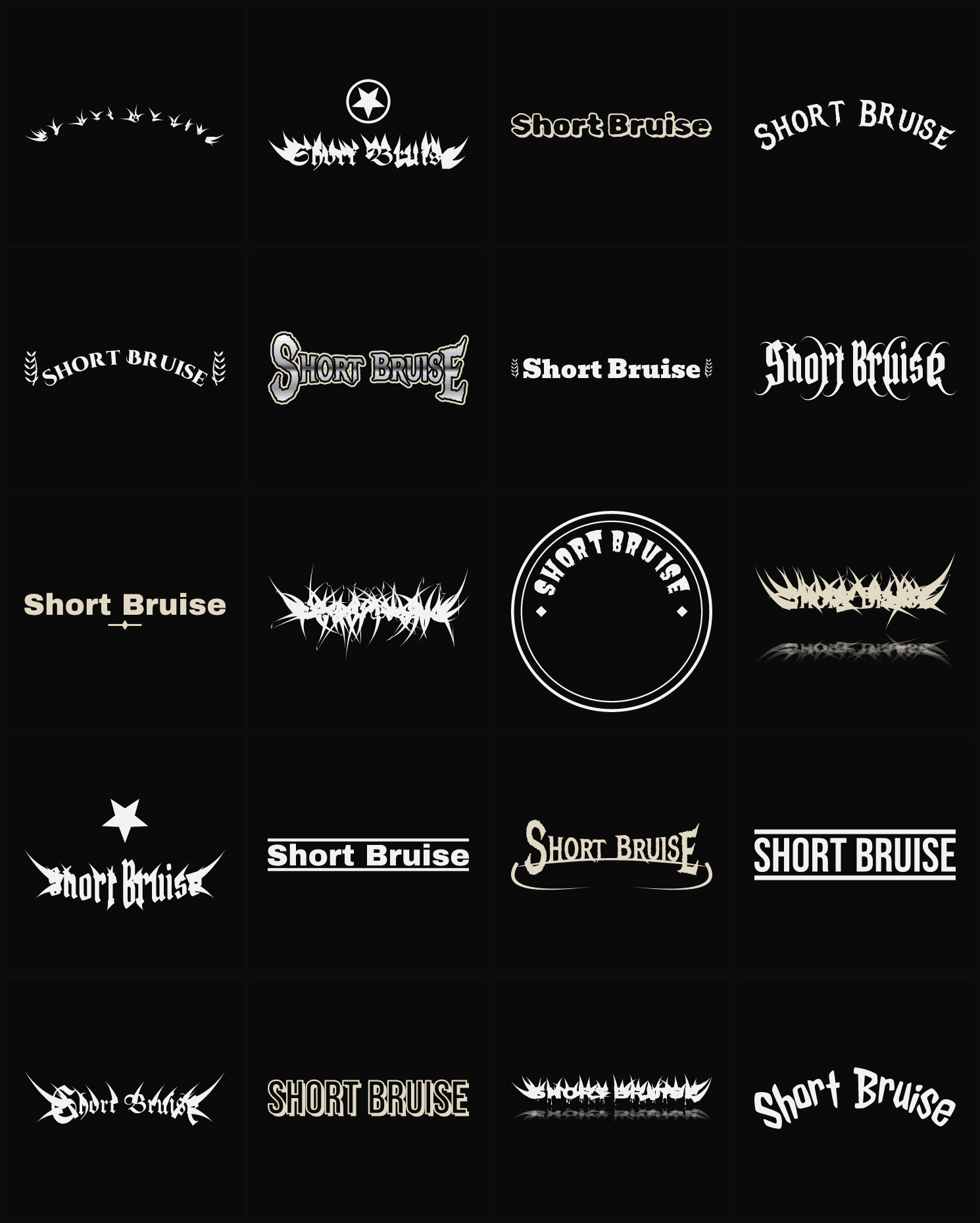 Twenty Short Bruise band logo ideas — different faces, treatments and spike settings