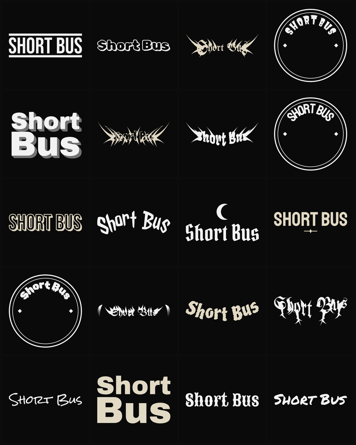 Twenty Short Bus band logo ideas — different faces, treatments and spike settings