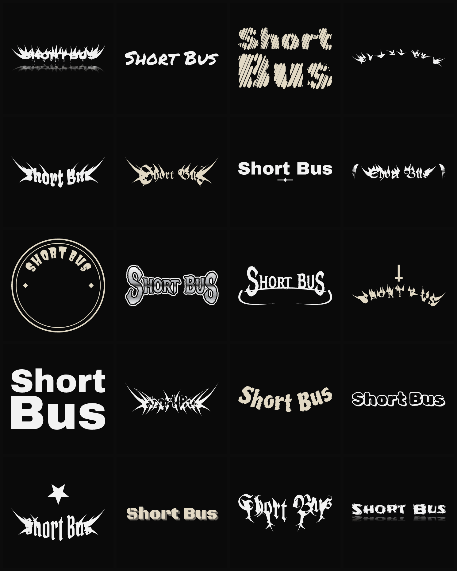 Twenty Short Bus band logo ideas — different faces, treatments and spike settings