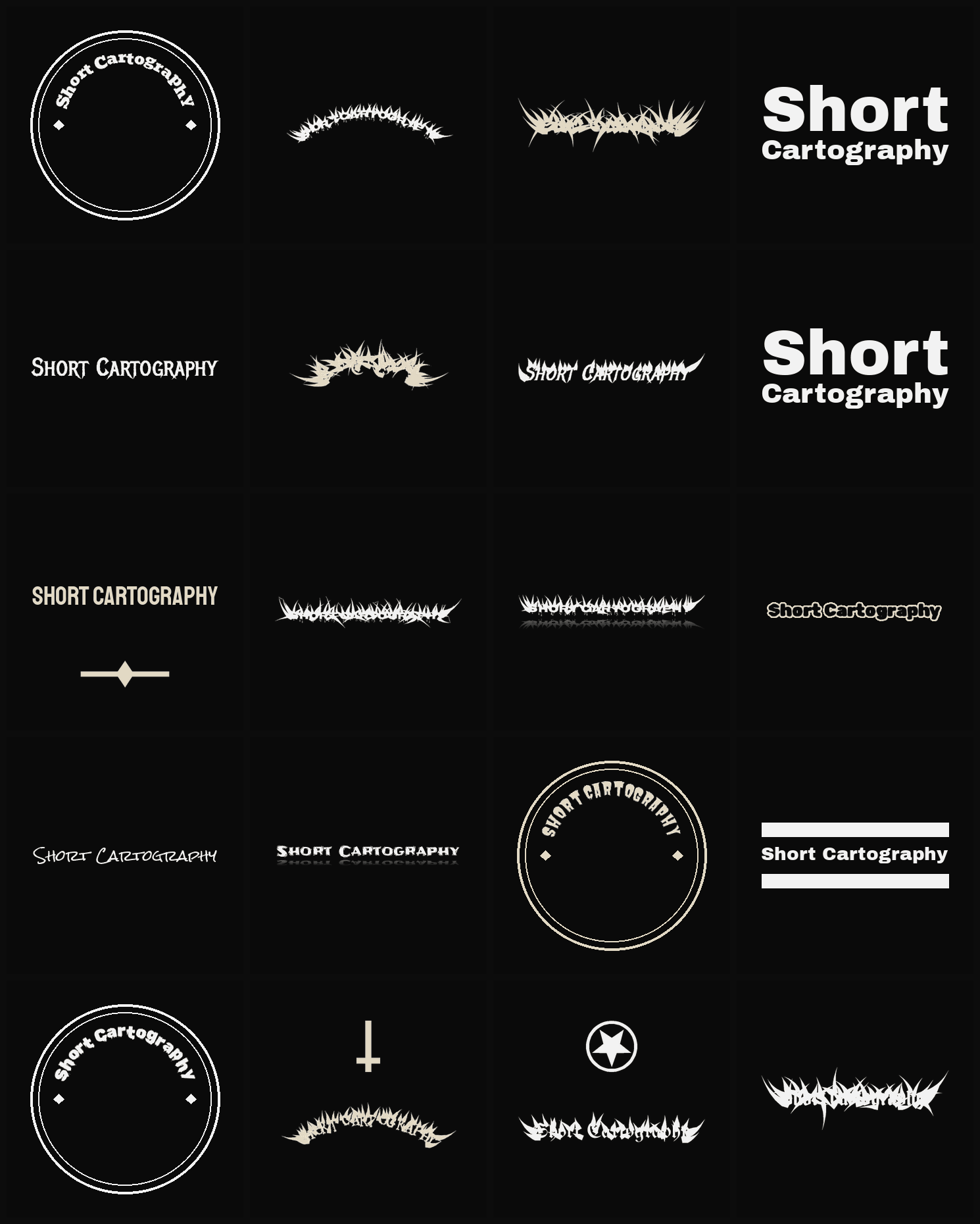 Twenty Short Cartography band logo ideas — different faces, treatments and spike settings
