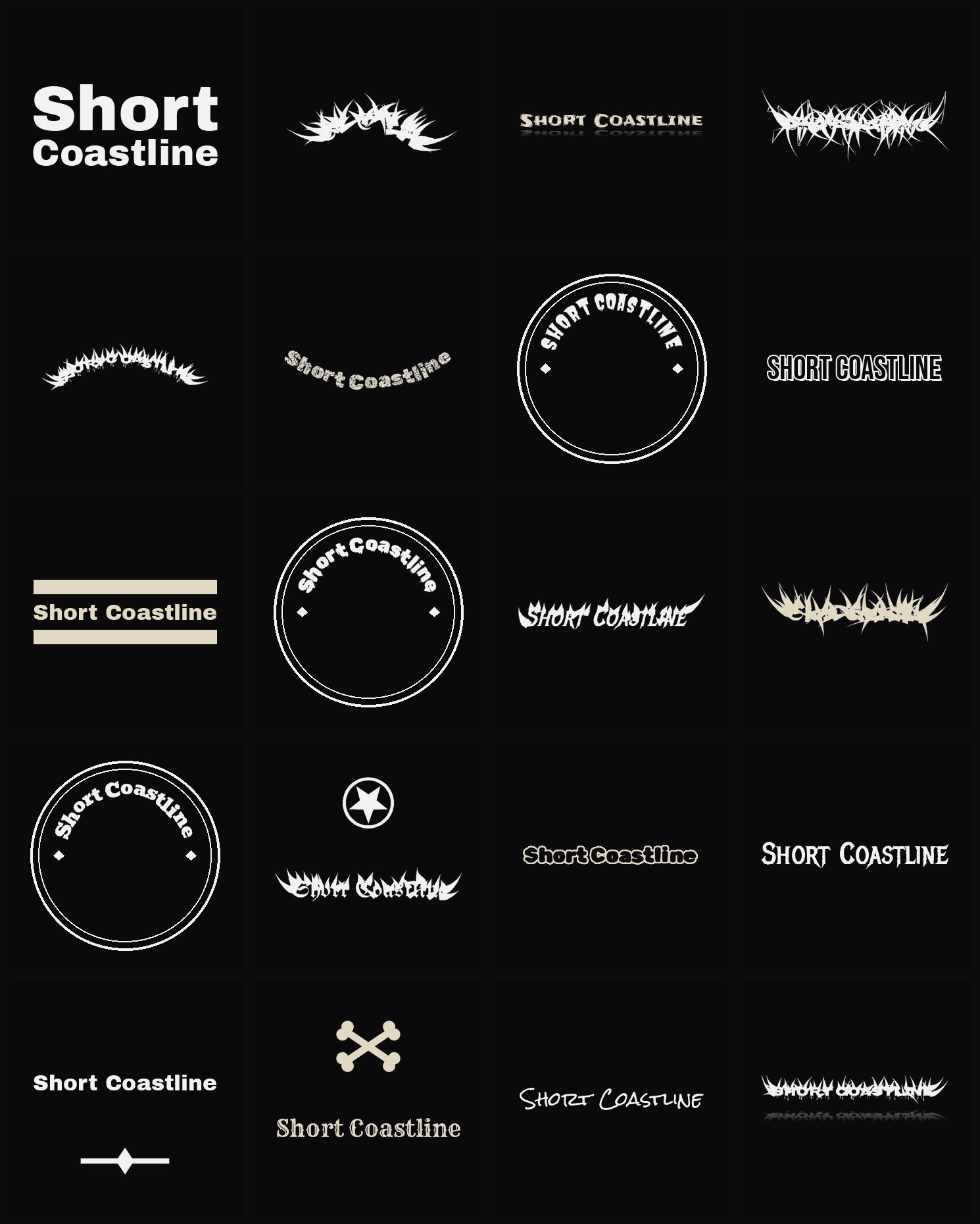 Twenty Short Coastline band logo ideas — different faces, treatments and spike settings