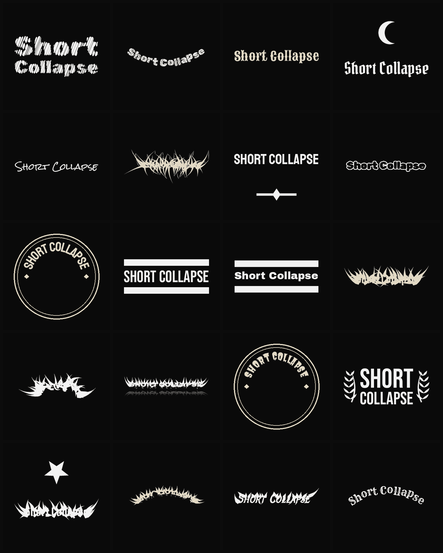 Twenty Short Collapse band logo ideas — different faces, treatments and spike settings