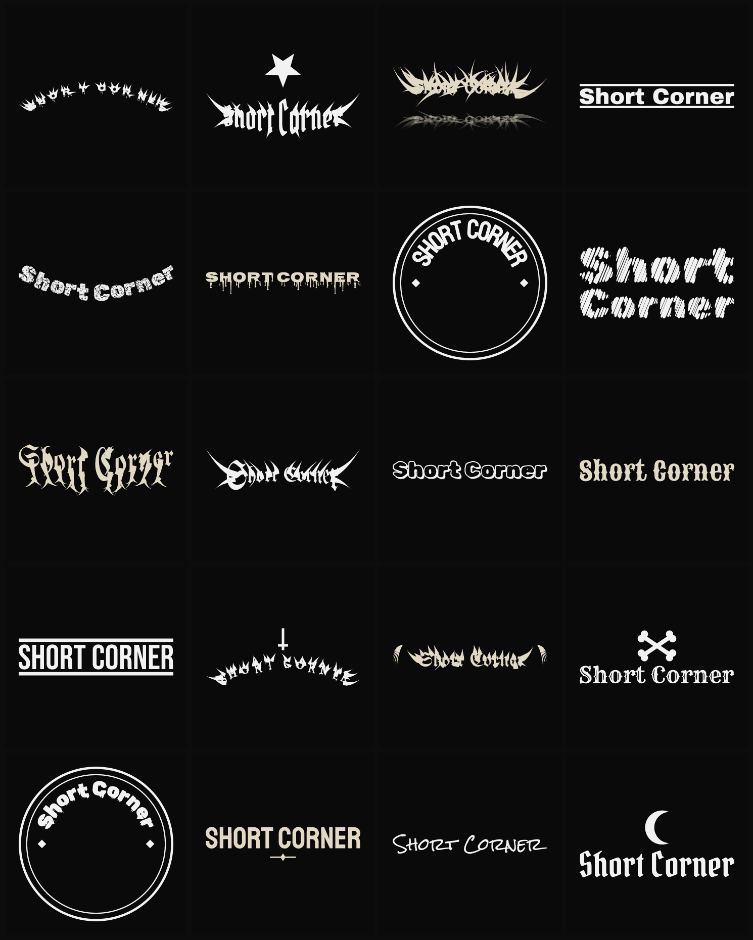 Twenty Short Corner band logo ideas — different faces, treatments and spike settings