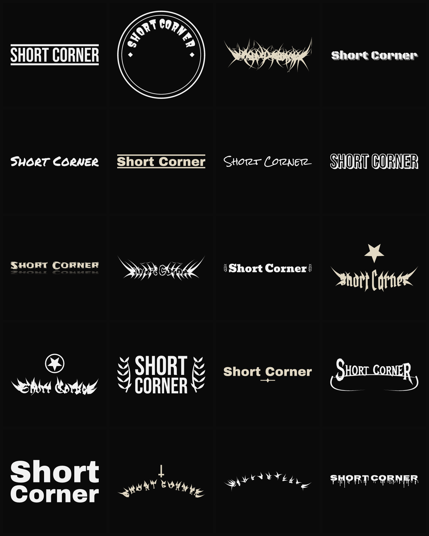 Twenty Short Corner band logo ideas — different faces, treatments and spike settings