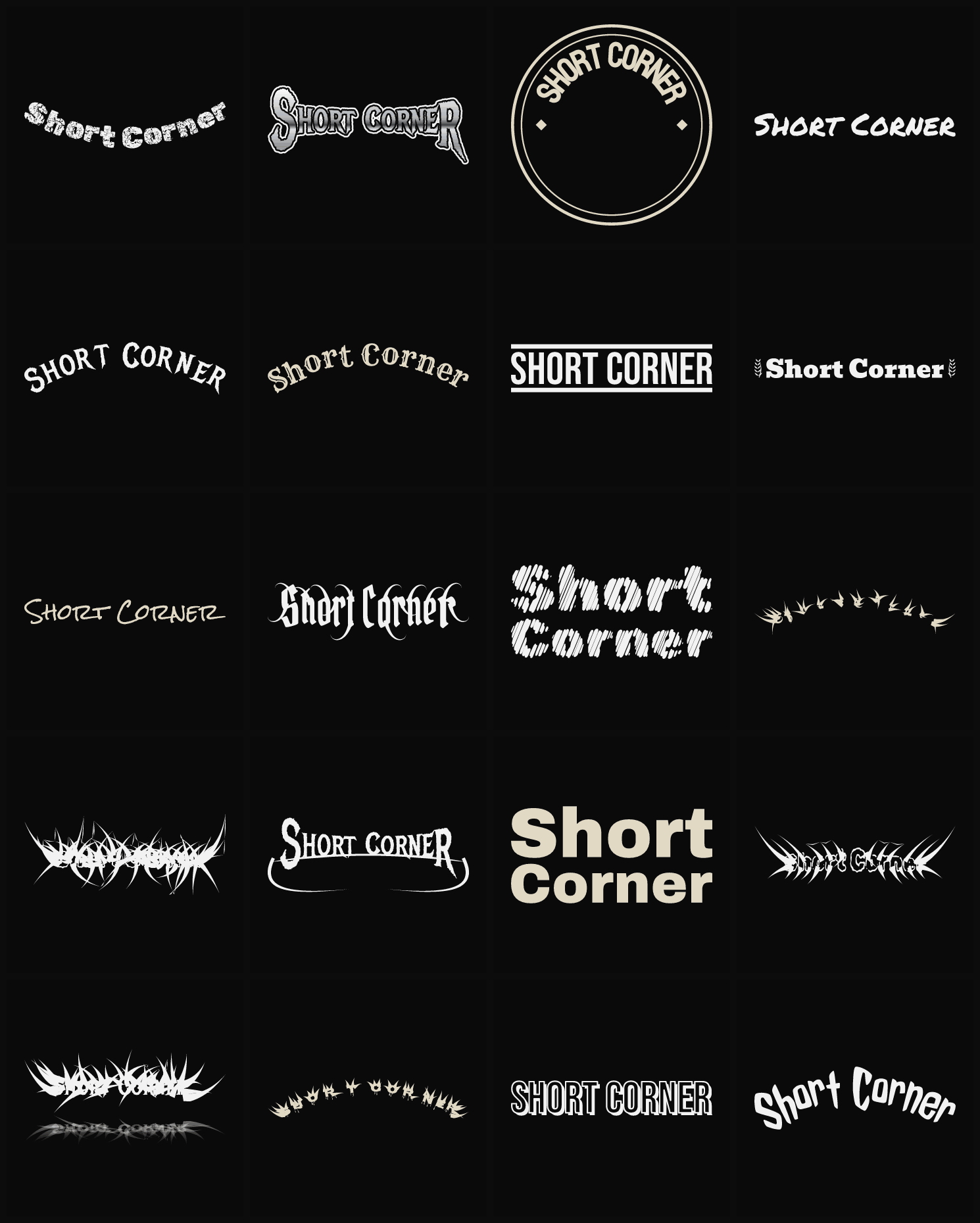 Twenty Short Corner band logo ideas — different faces, treatments and spike settings