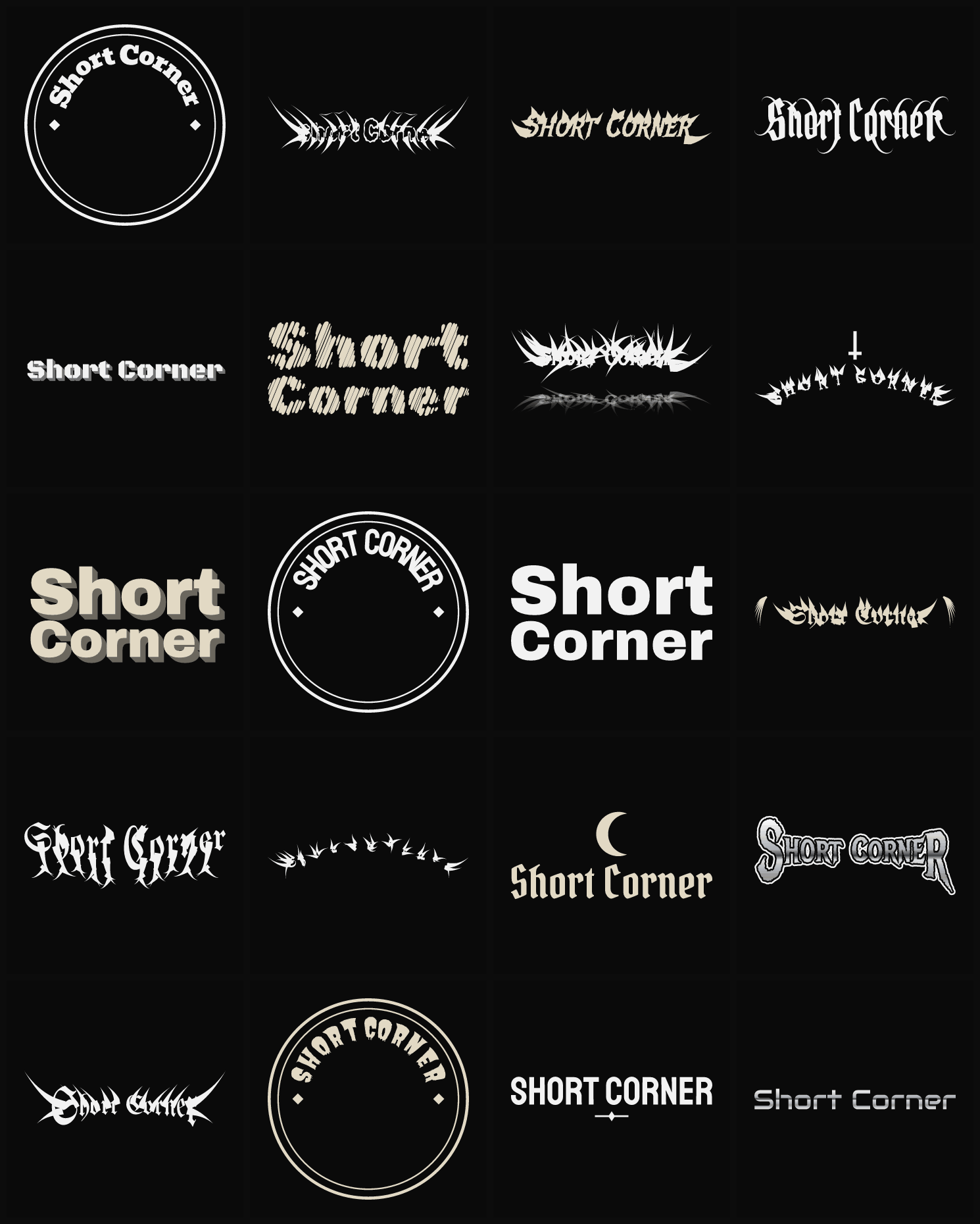 Twenty Short Corner band logo ideas — different faces, treatments and spike settings