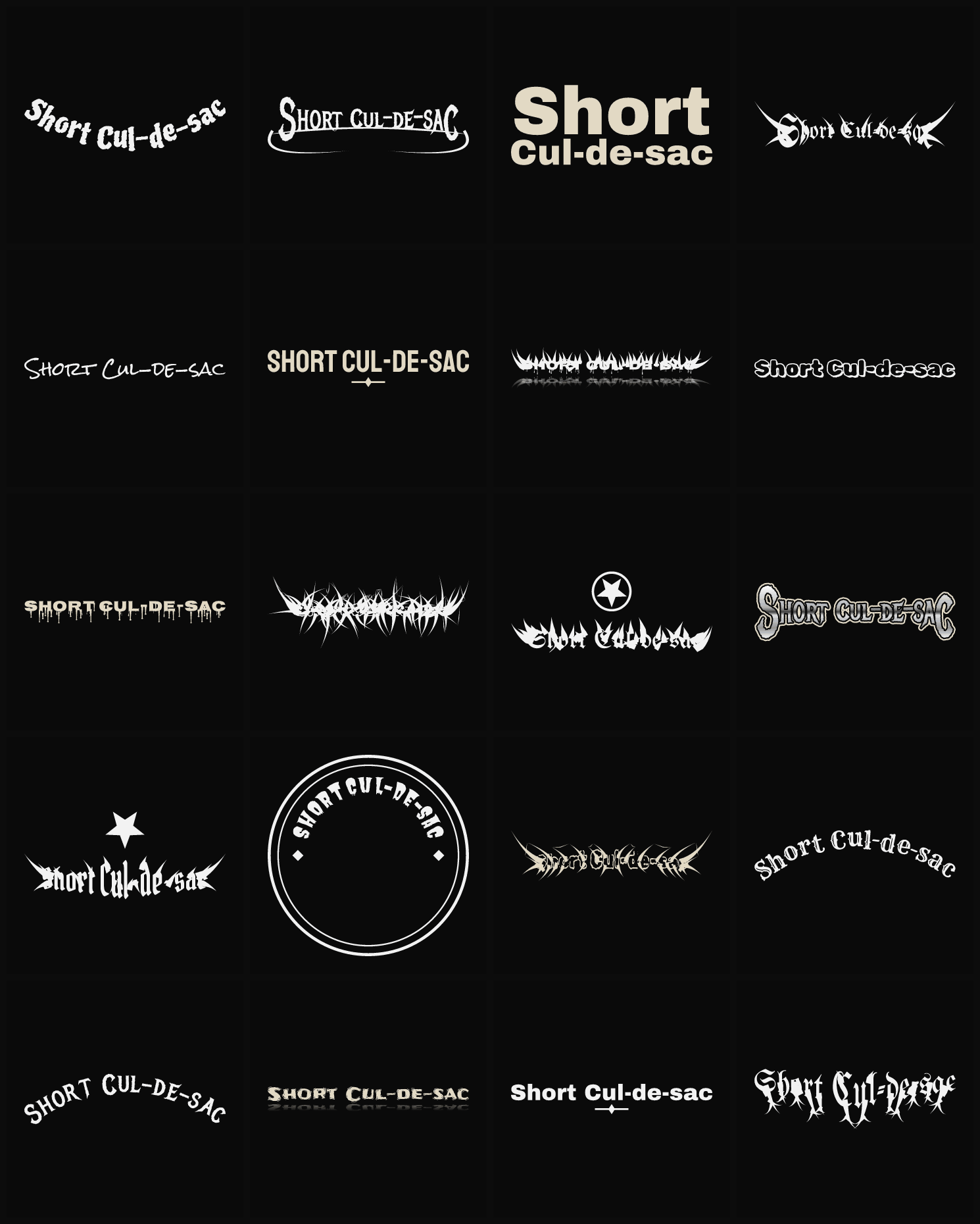 Twenty Short Cul-de-sac band logo ideas — different faces, treatments and spike settings