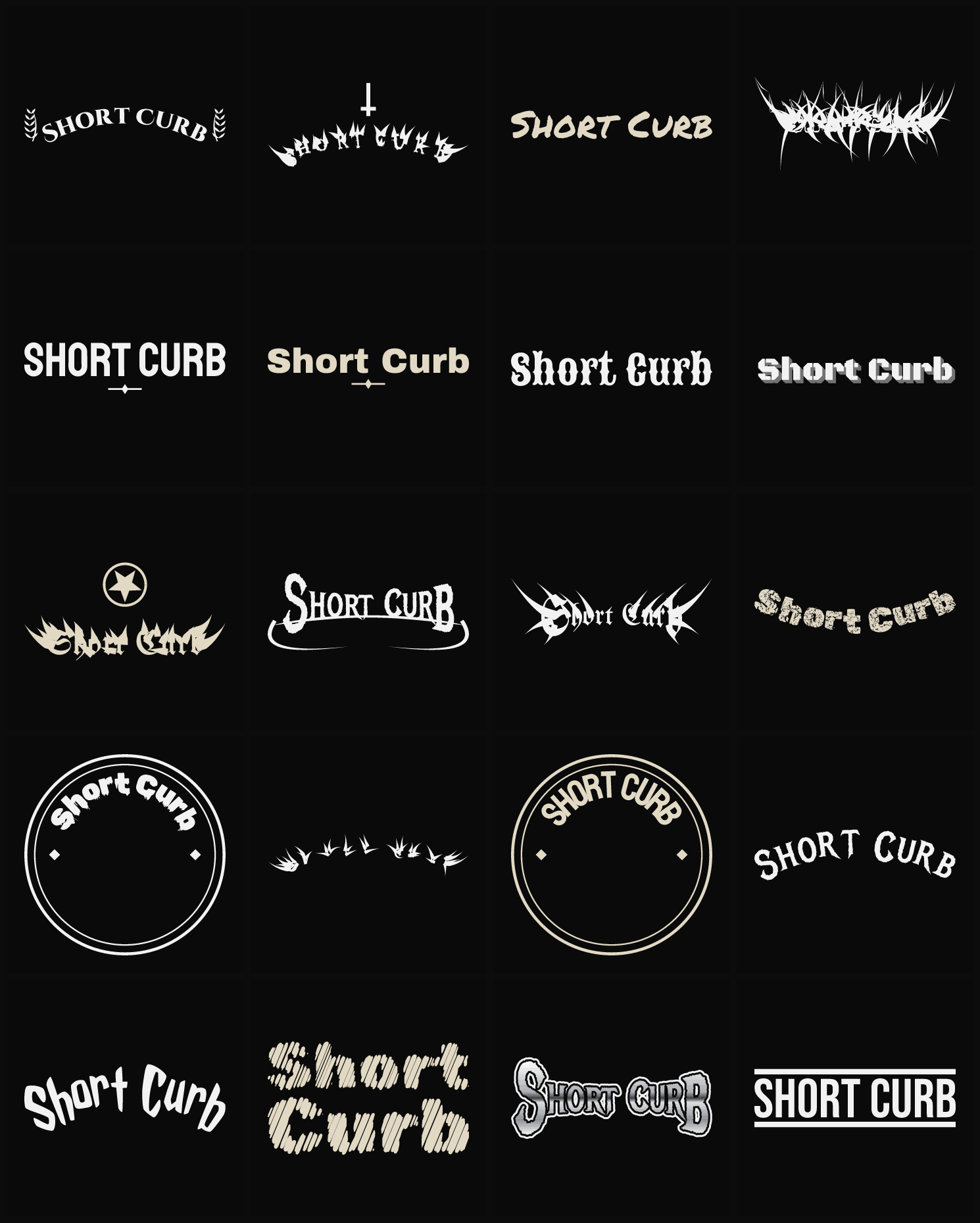 Twenty Short Curb band logo ideas — different faces, treatments and spike settings