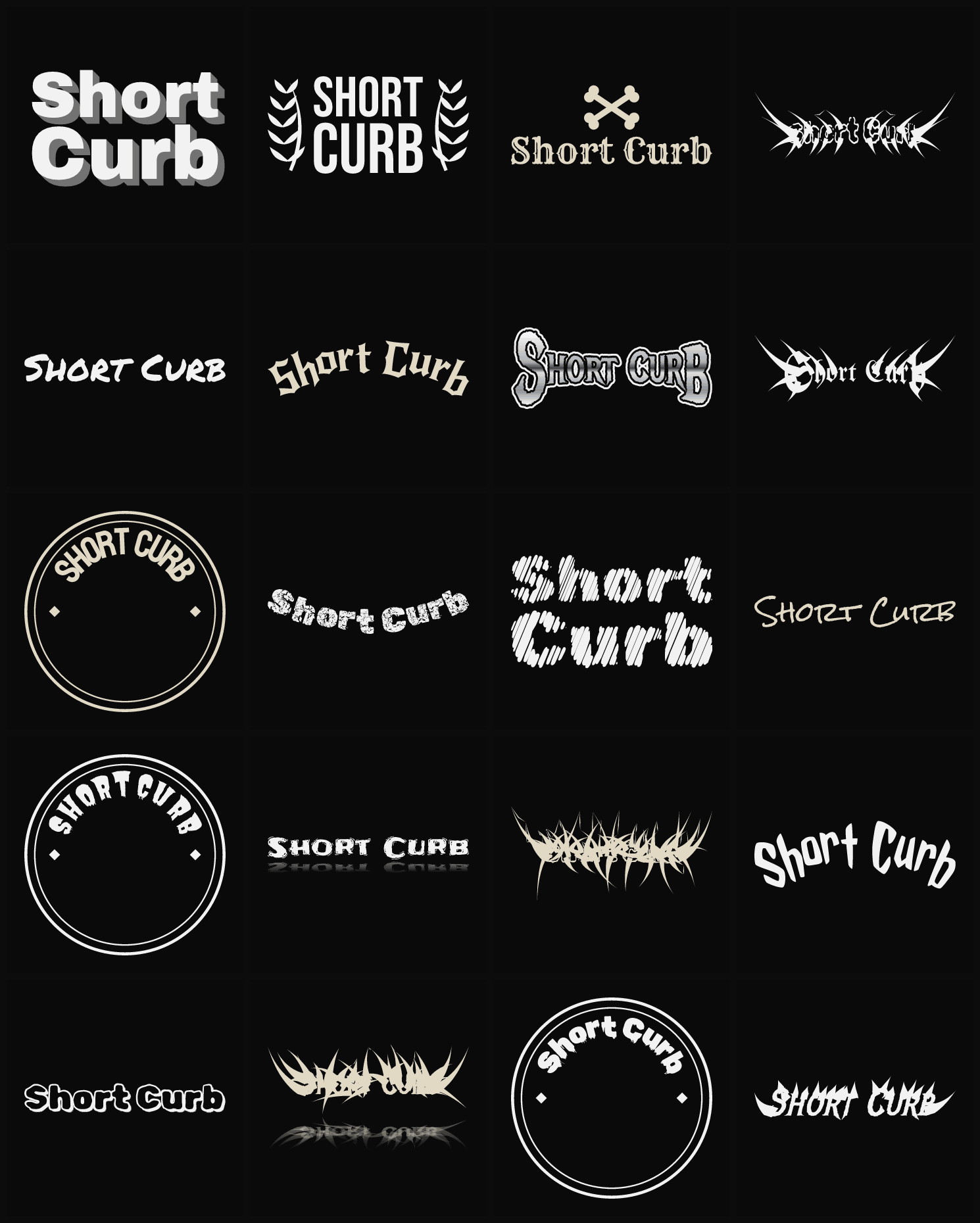 Twenty Short Curb band logo ideas — different faces, treatments and spike settings