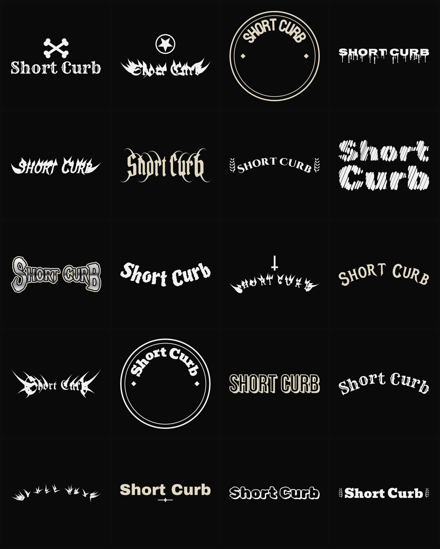 Twenty Short Curb band logo ideas — different faces, treatments and spike settings