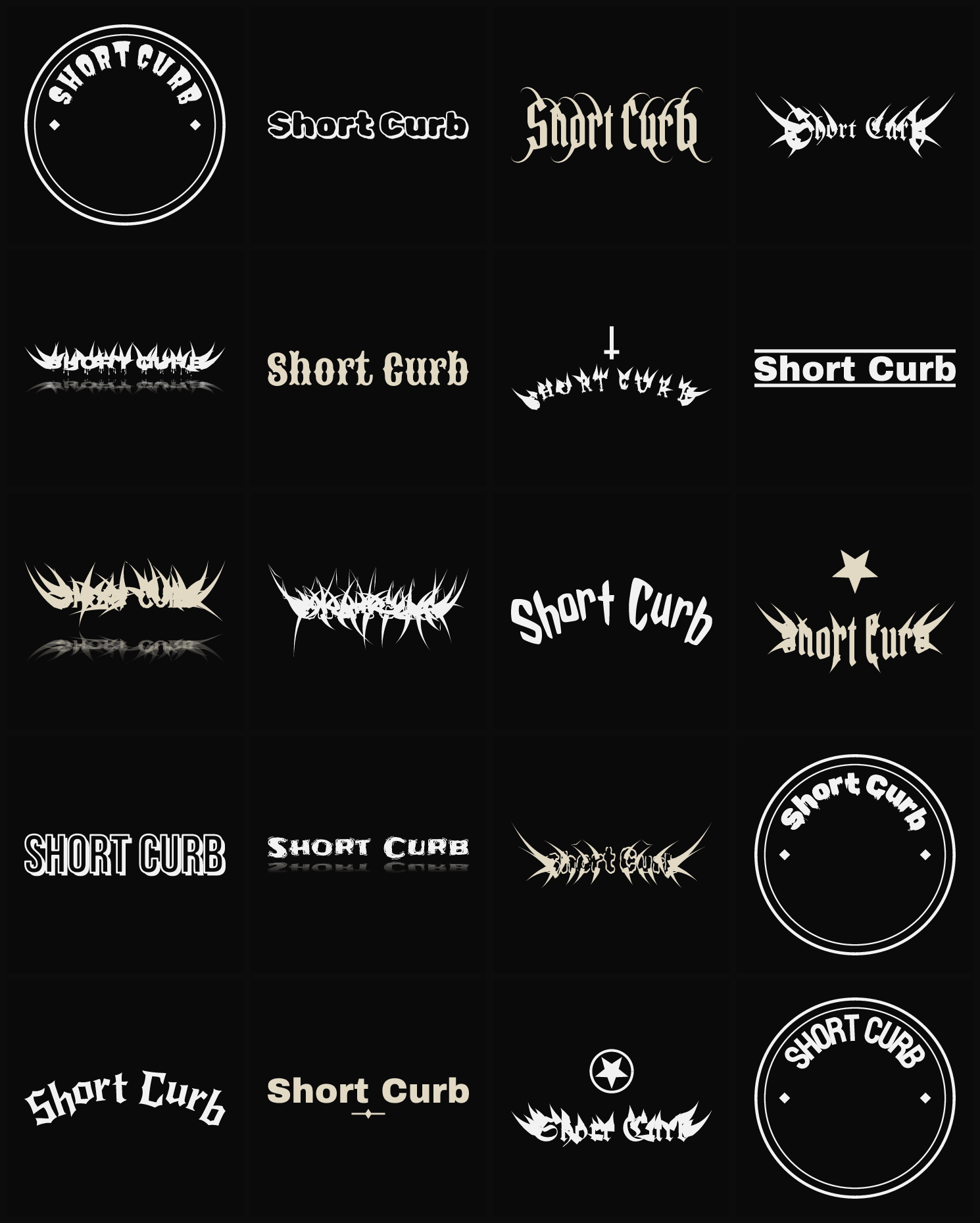 Twenty Short Curb band logo ideas — different faces, treatments and spike settings