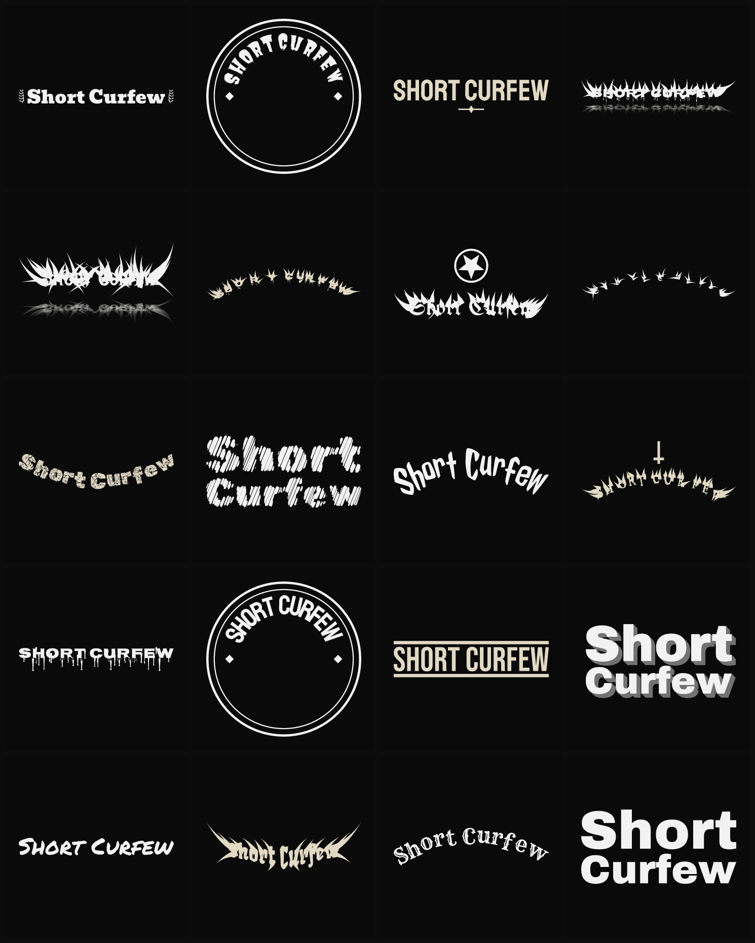 Twenty Short Curfew band logo ideas — different faces, treatments and spike settings