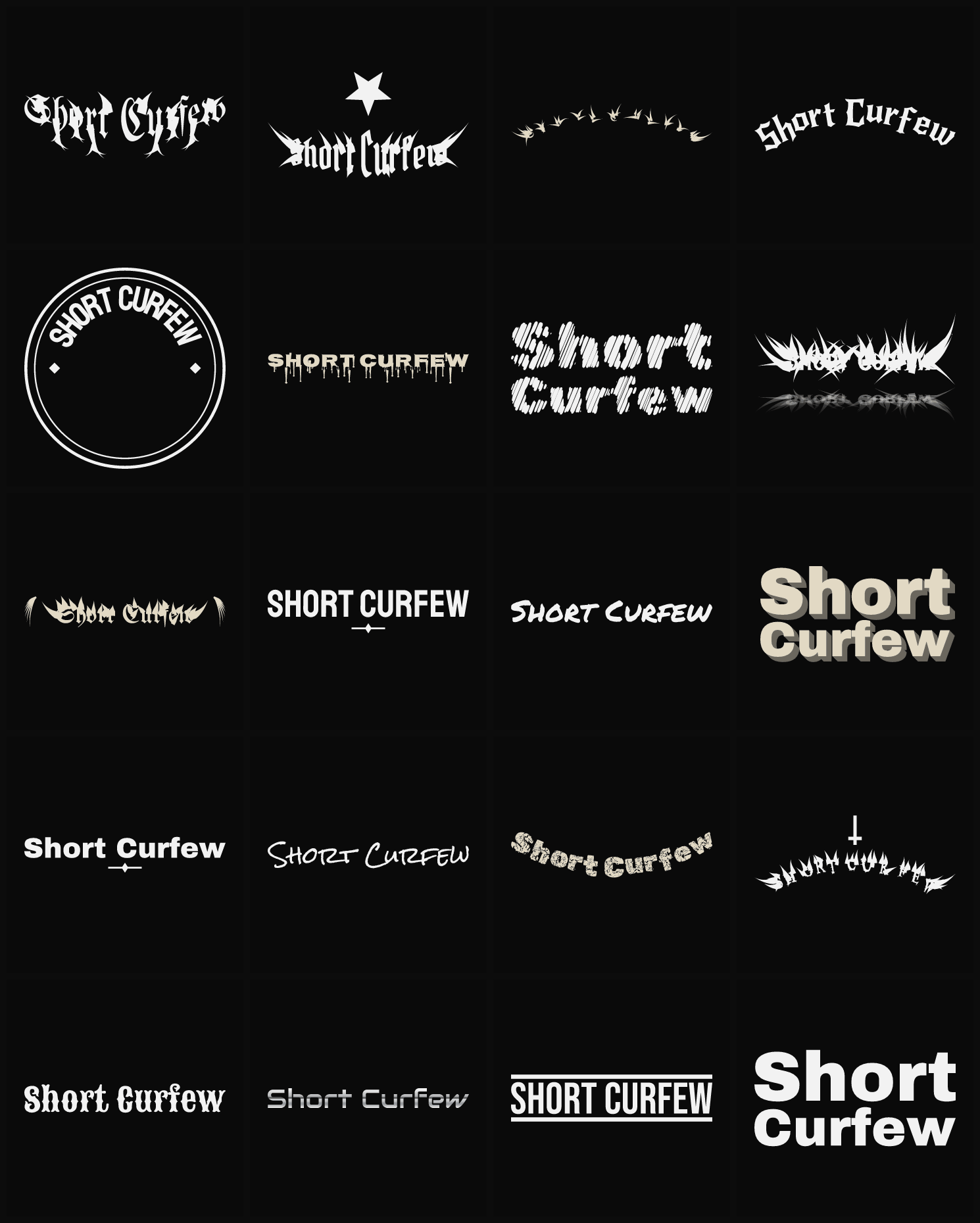 Twenty Short Curfew band logo ideas — different faces, treatments and spike settings