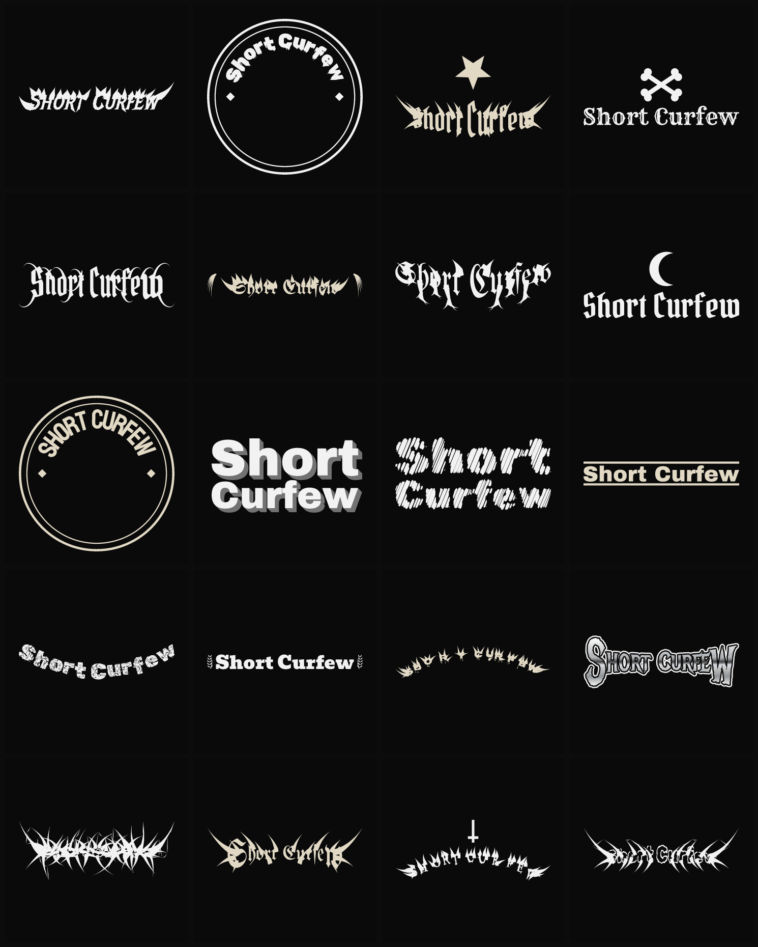 Twenty Short Curfew band logo ideas — different faces, treatments and spike settings