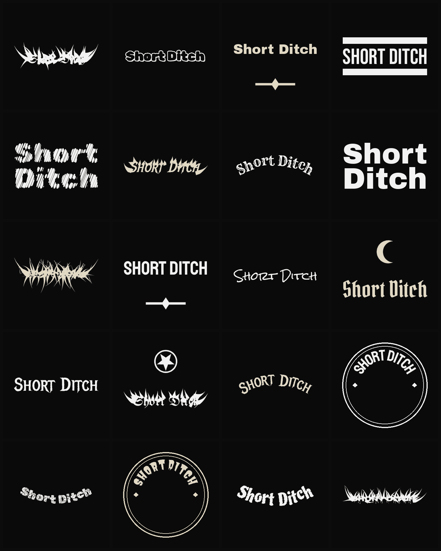 Twenty Short Ditch band logo ideas — different faces, treatments and spike settings