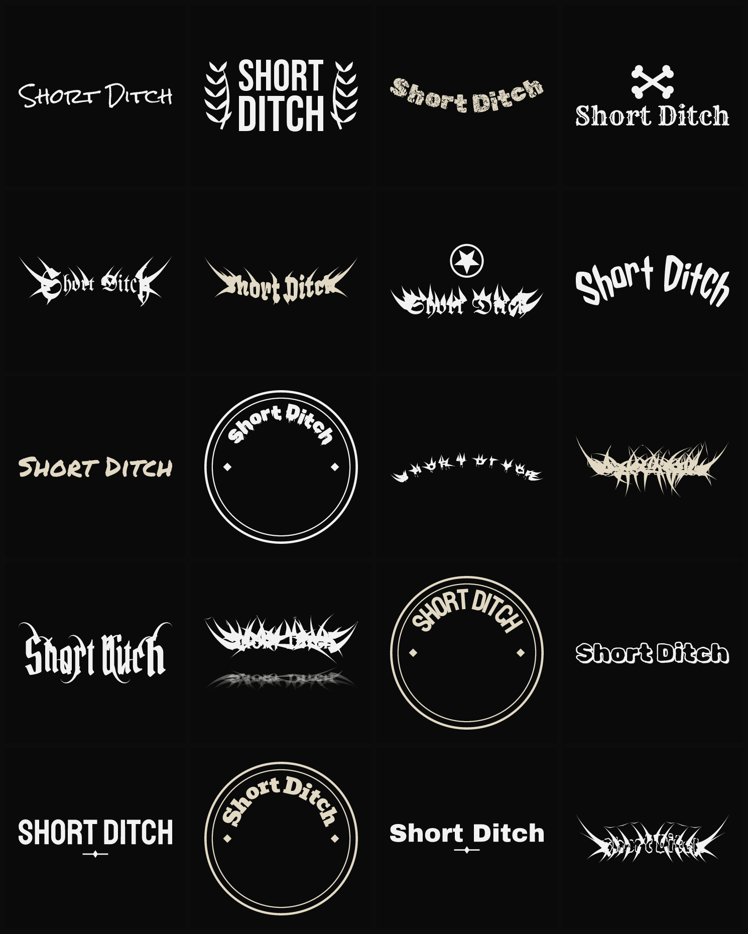 Twenty Short Ditch band logo ideas — different faces, treatments and spike settings