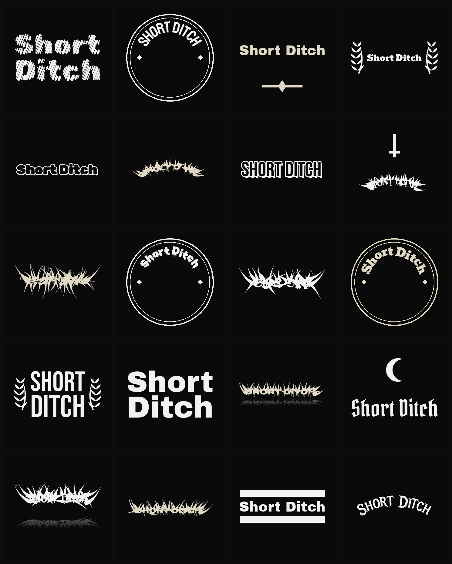 Twenty Short Ditch band logo ideas — different faces, treatments and spike settings