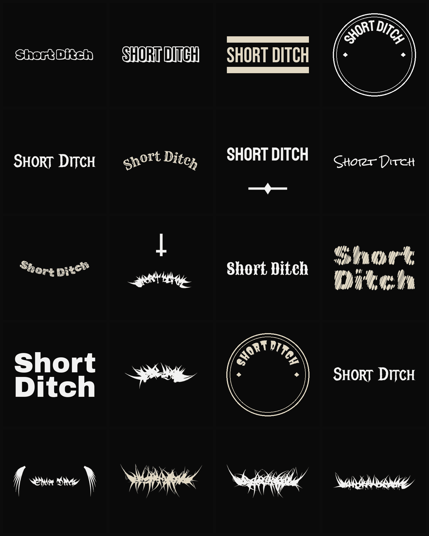 Twenty Short Ditch band logo ideas — different faces, treatments and spike settings