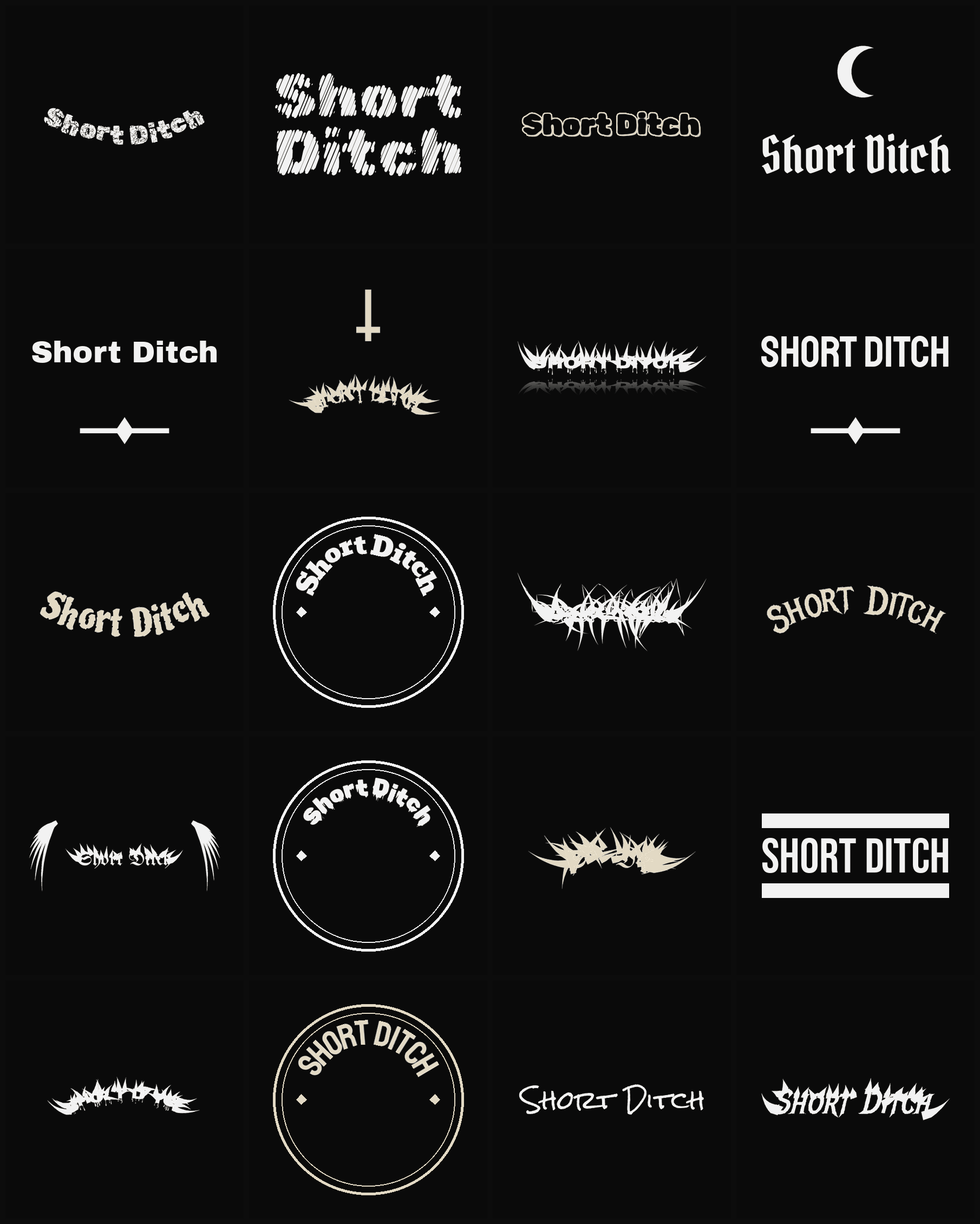 Twenty Short Ditch band logo ideas — different faces, treatments and spike settings