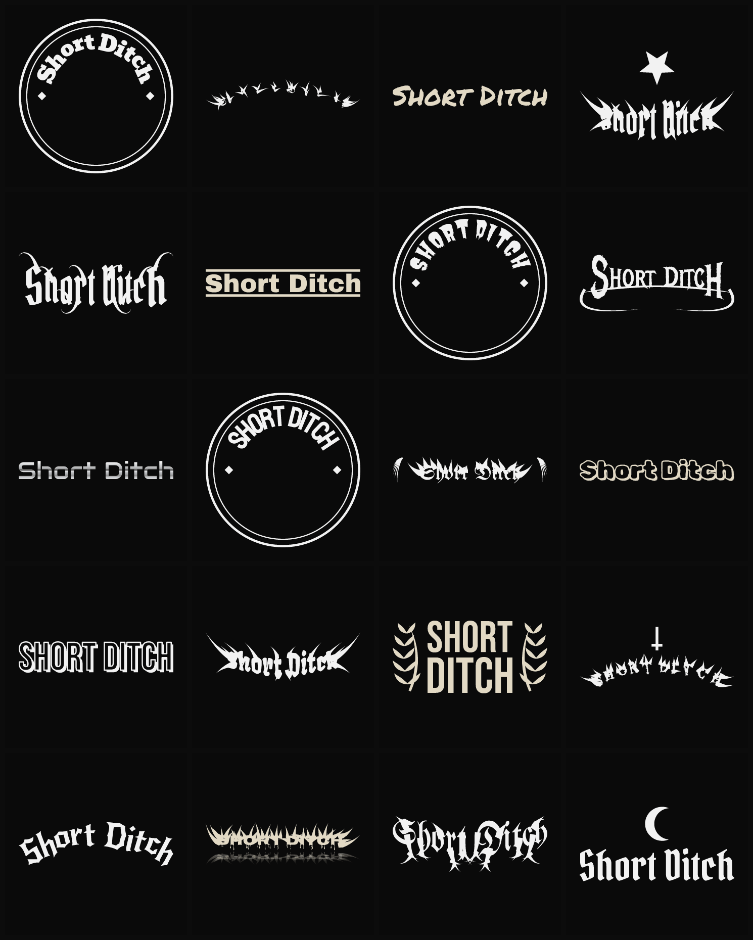 Twenty Short Ditch band logo ideas — different faces, treatments and spike settings