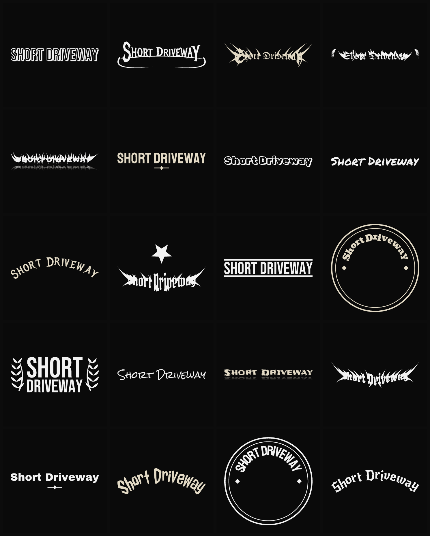 Twenty Short Driveway band logo ideas — different faces, treatments and spike settings