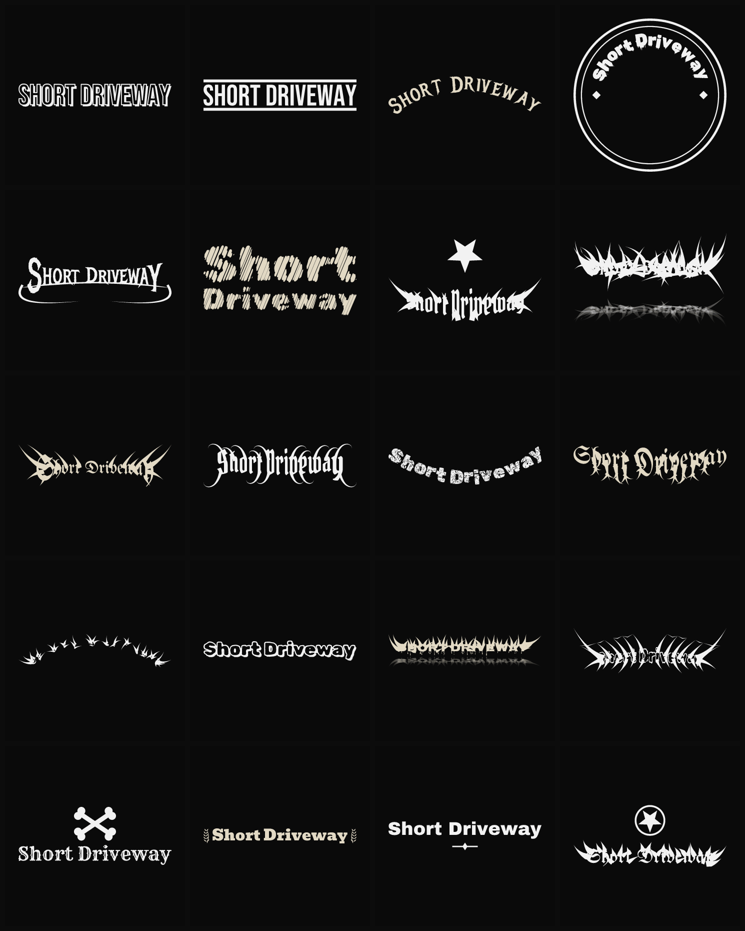 Twenty Short Driveway band logo ideas — different faces, treatments and spike settings
