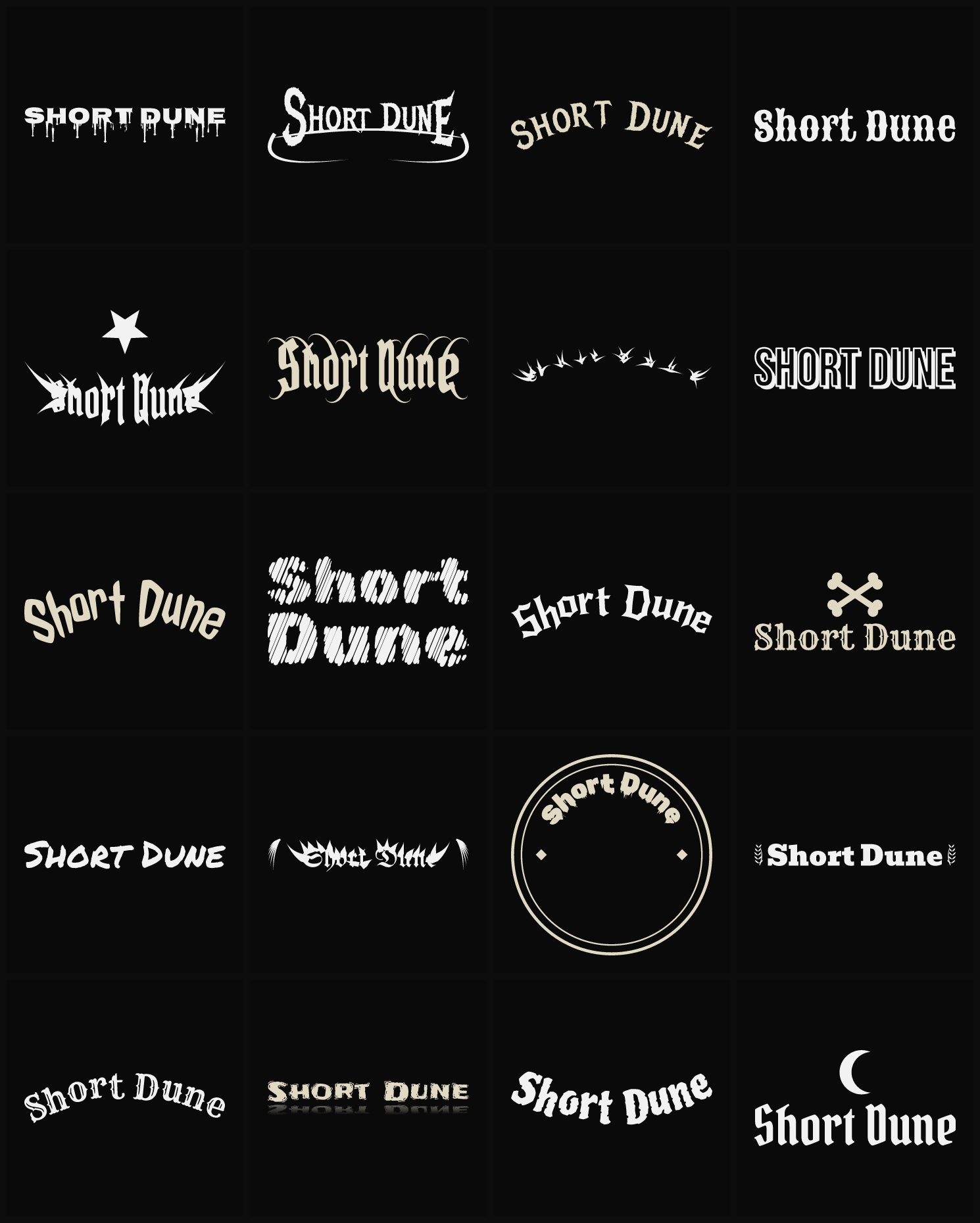 Twenty Short Dune band logo ideas — different faces, treatments and spike settings