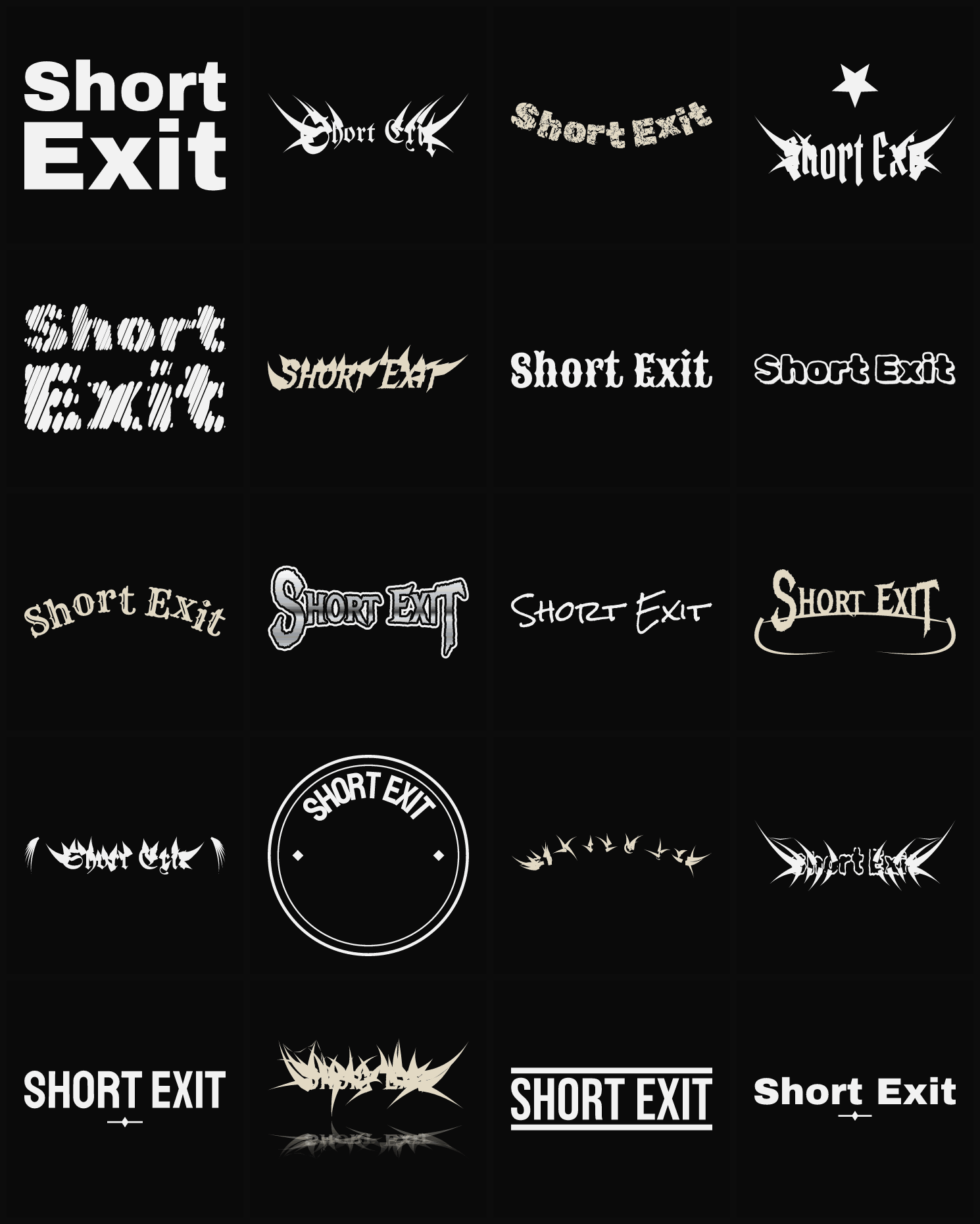 Twenty Short Exit band logo ideas — different faces, treatments and spike settings
