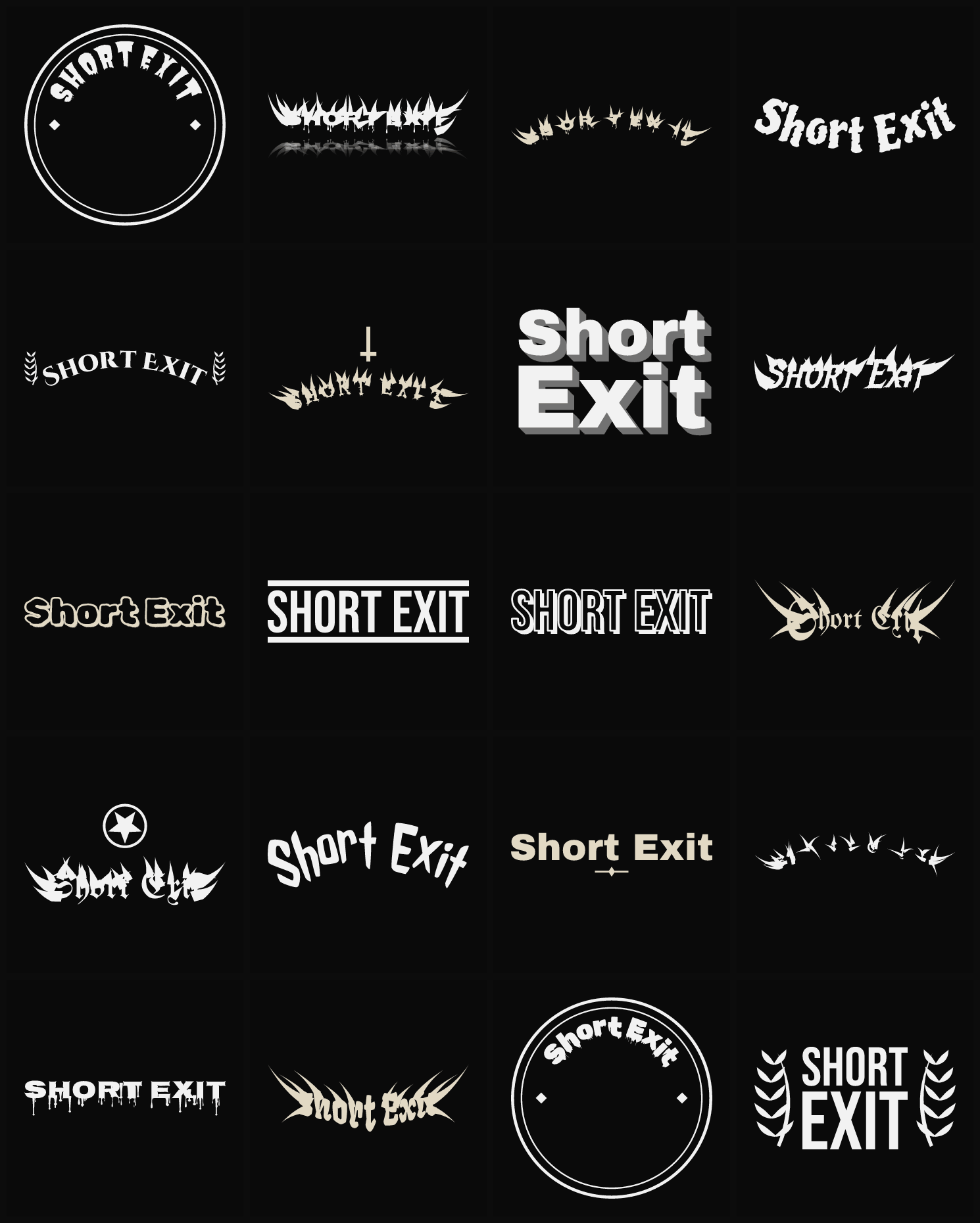 Twenty Short Exit band logo ideas — different faces, treatments and spike settings