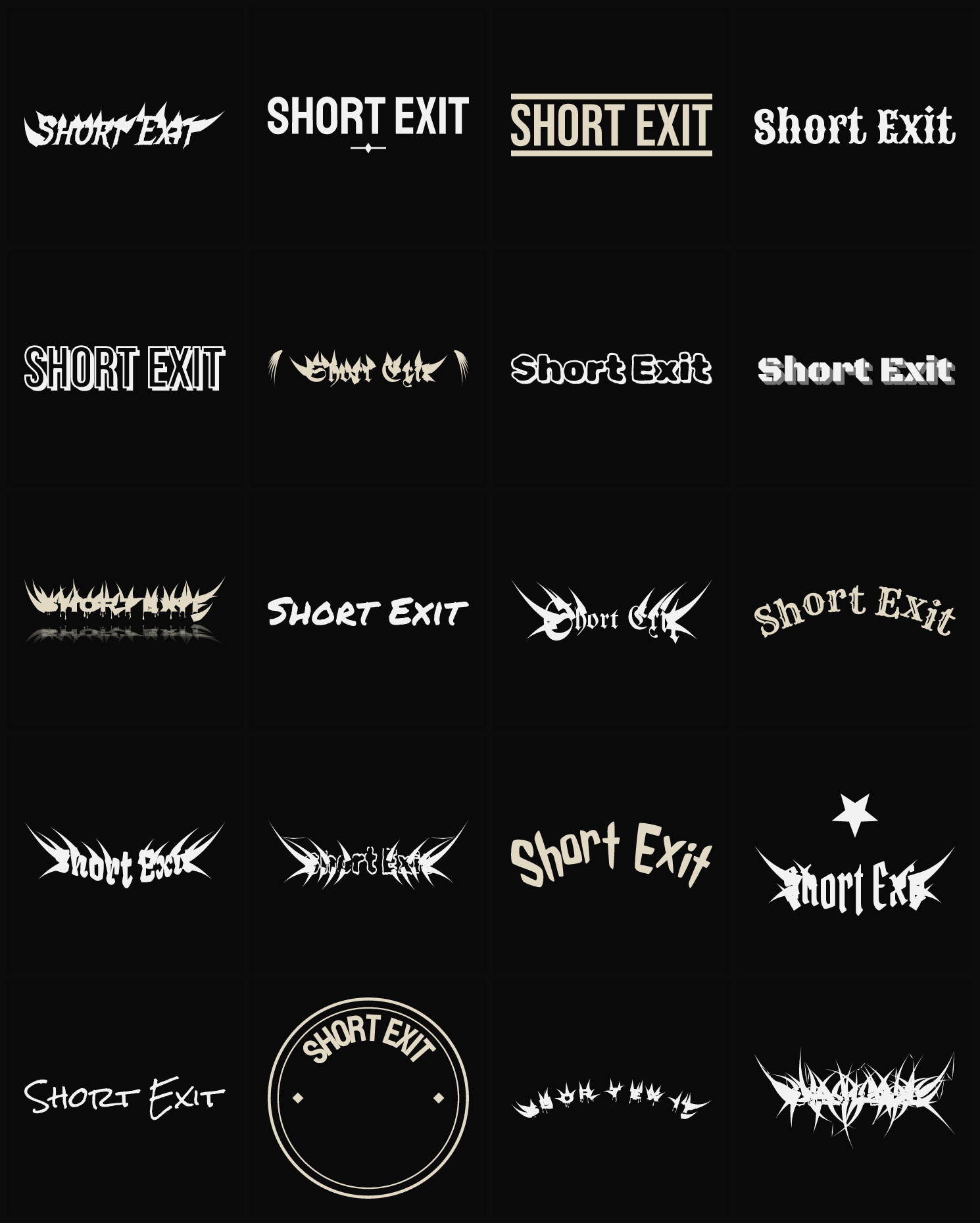 Twenty Short Exit band logo ideas — different faces, treatments and spike settings