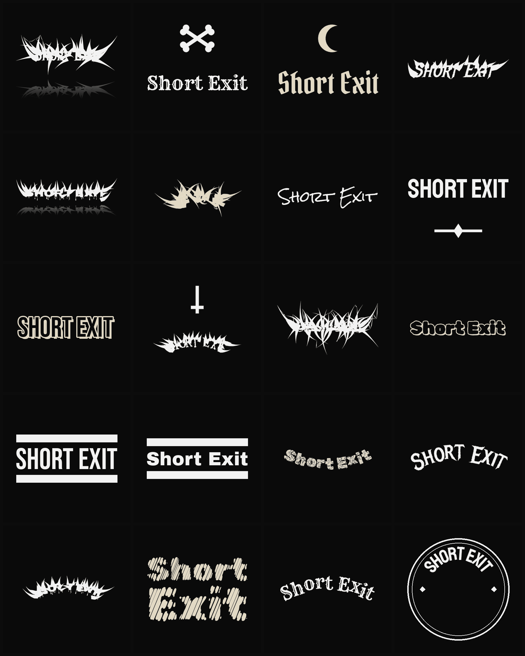 Twenty Short Exit band logo ideas — different faces, treatments and spike settings