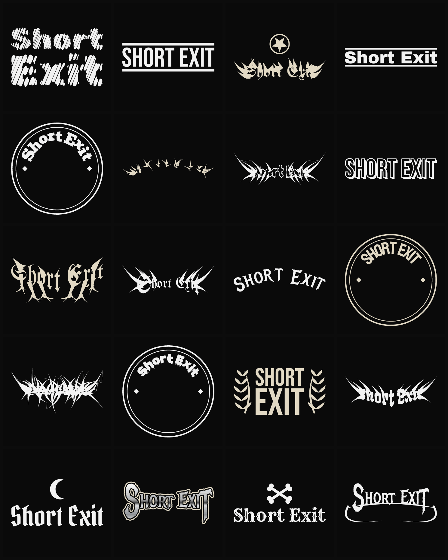 Twenty Short Exit band logo ideas — different faces, treatments and spike settings