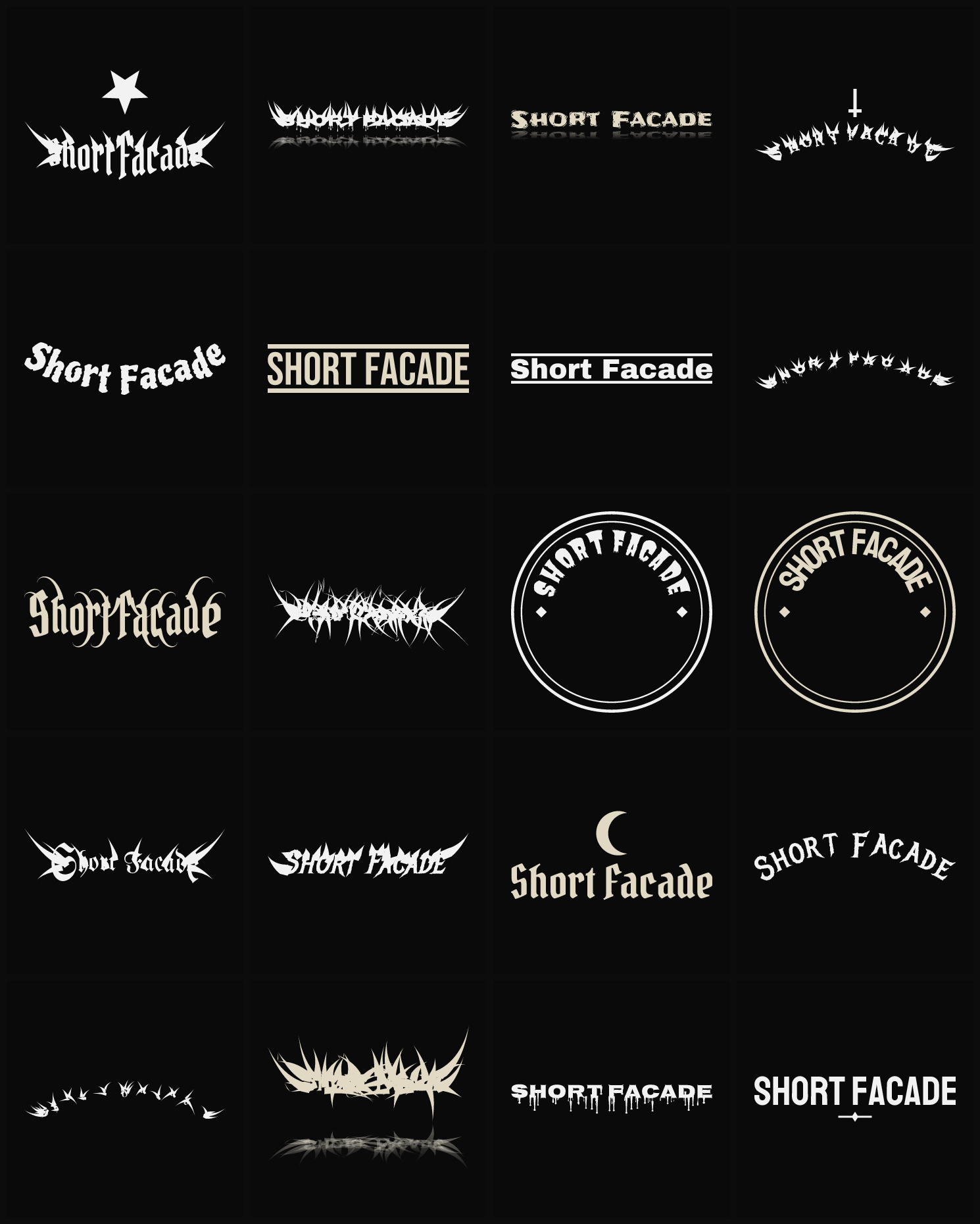 Twenty Short Facade band logo ideas — different faces, treatments and spike settings