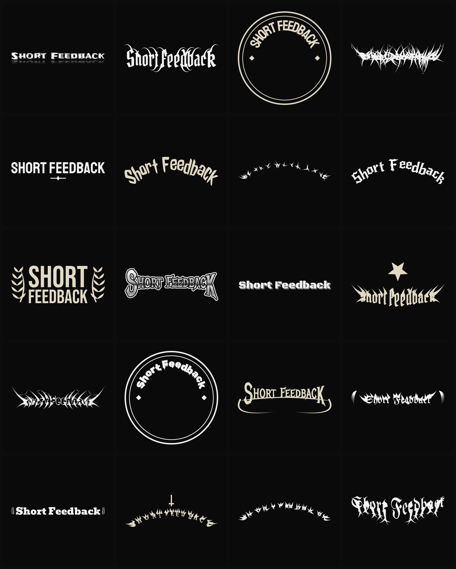 Twenty Short Feedback band logo ideas — different faces, treatments and spike settings
