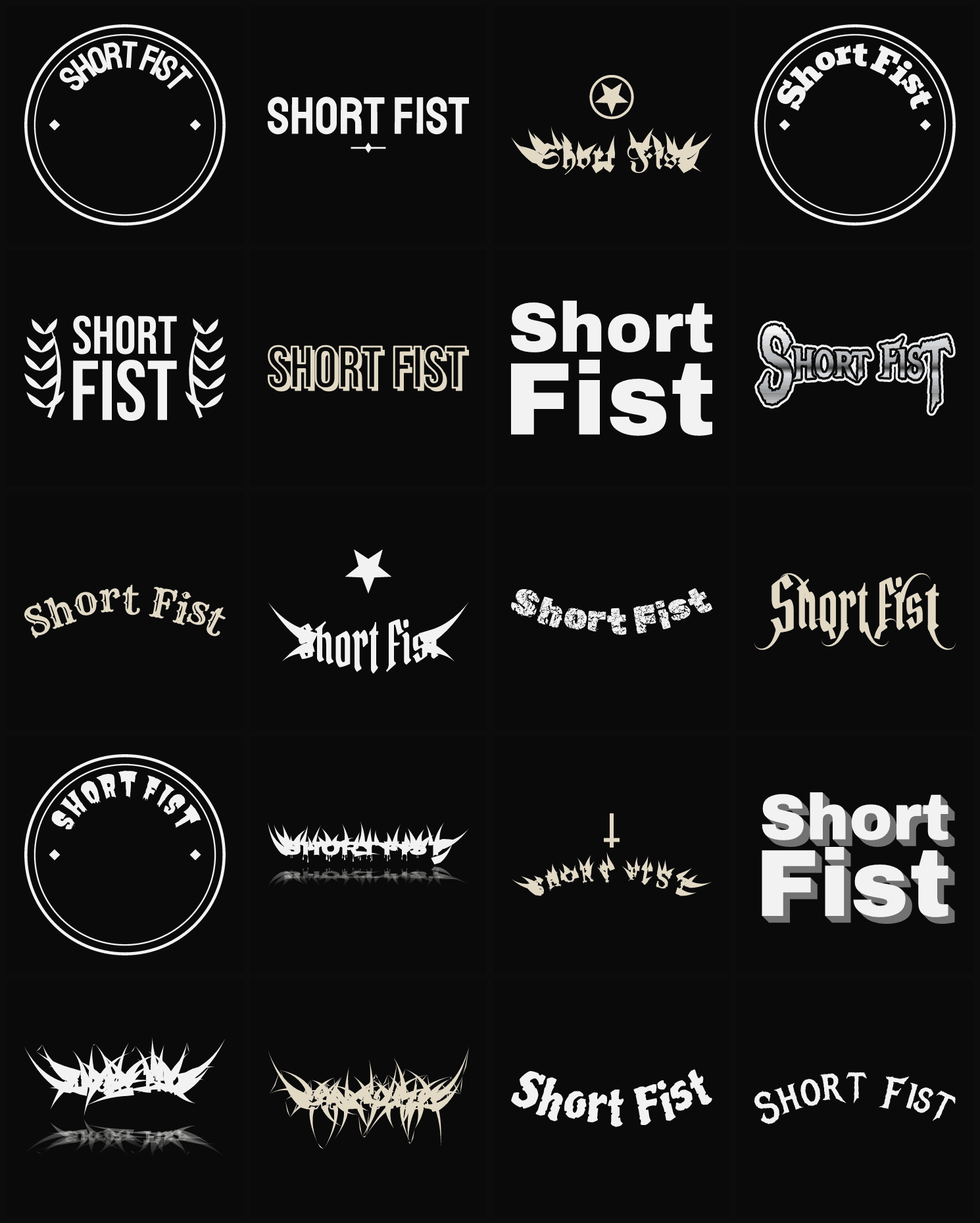 Twenty Short Fist band logo ideas — different faces, treatments and spike settings
