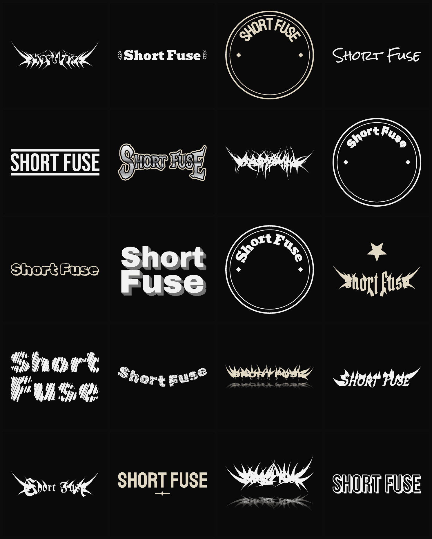 Twenty Short Fuse band logo ideas — different faces, treatments and spike settings