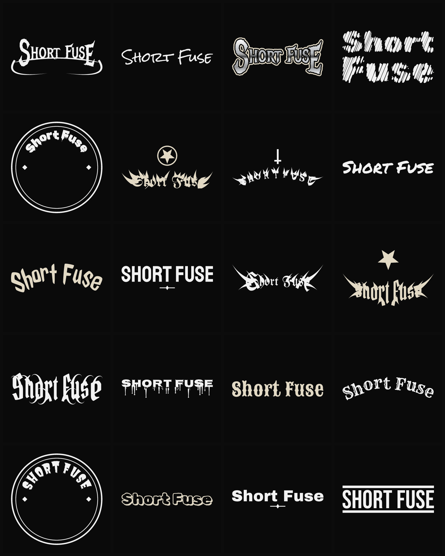 Twenty Short Fuse band logo ideas — different faces, treatments and spike settings