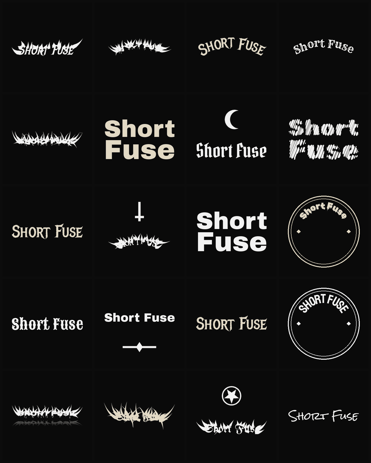 Twenty Short Fuse band logo ideas — different faces, treatments and spike settings
