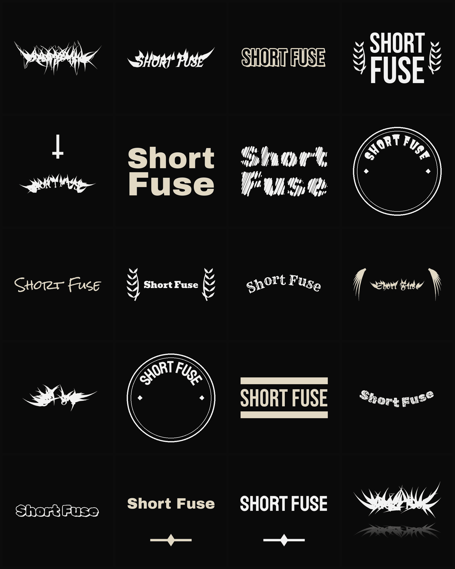 Twenty Short Fuse band logo ideas — different faces, treatments and spike settings