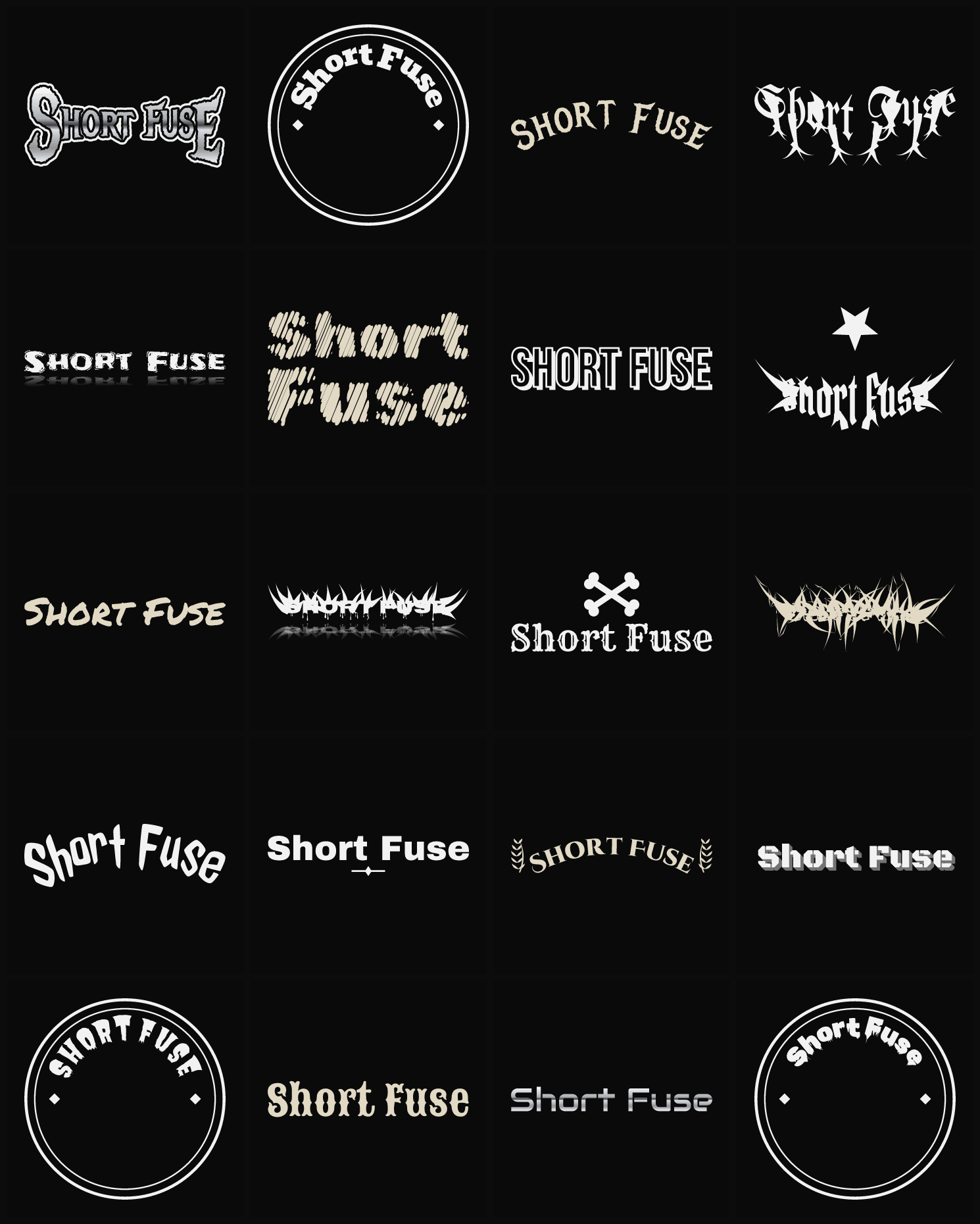 Twenty Short Fuse band logo ideas — different faces, treatments and spike settings
