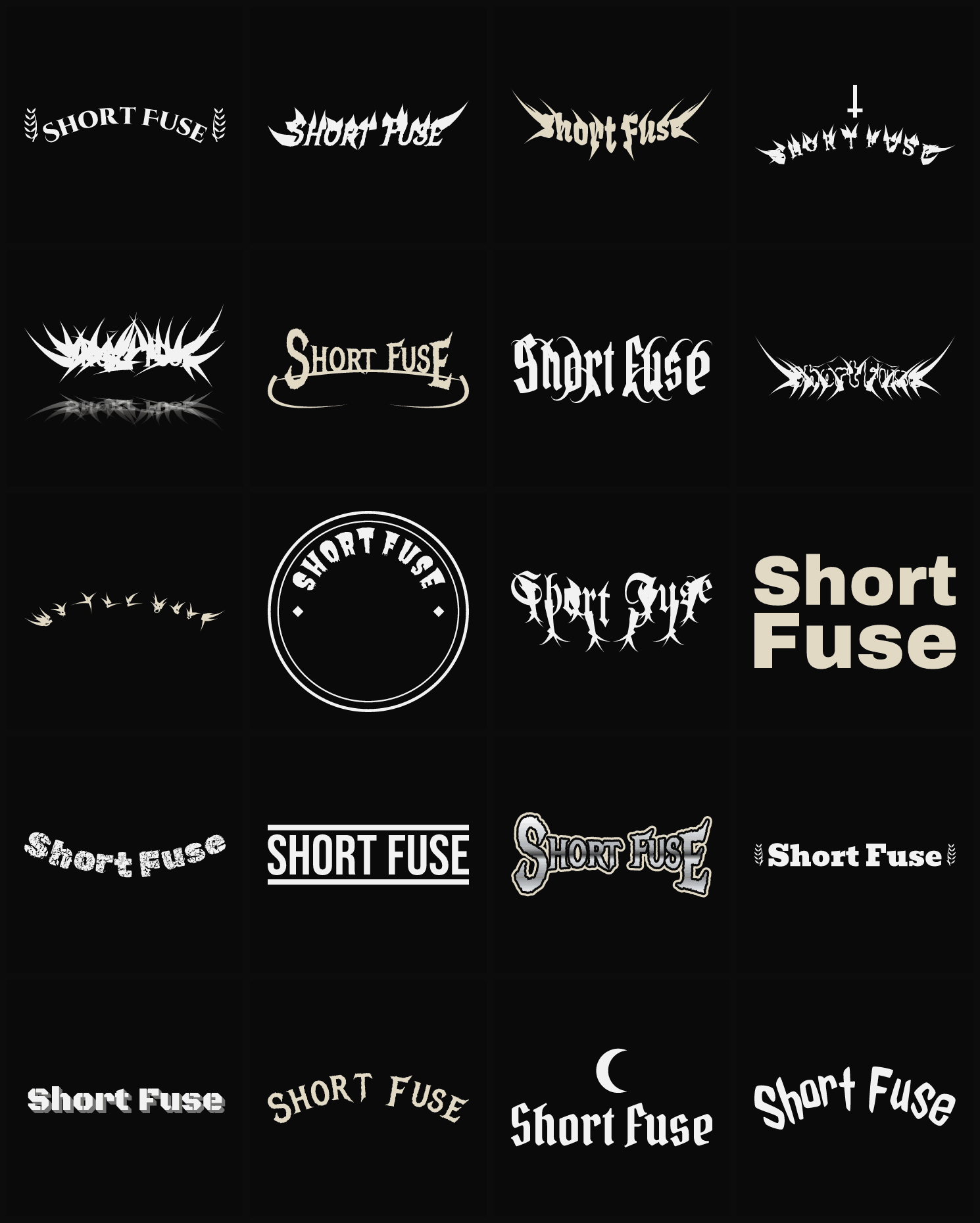Twenty Short Fuse band logo ideas — different faces, treatments and spike settings