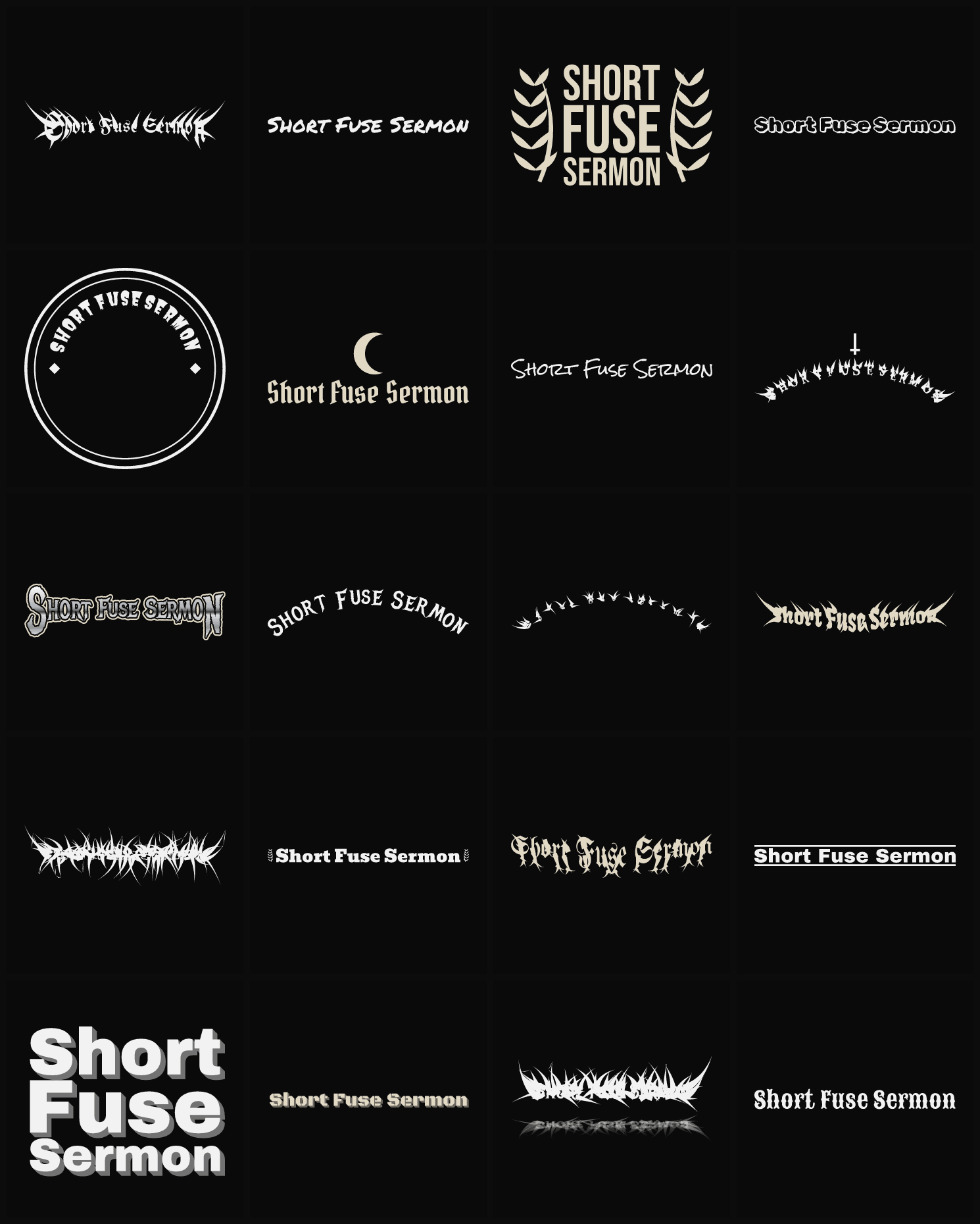 Twenty Short Fuse Sermon band logo ideas — different faces, treatments and spike settings